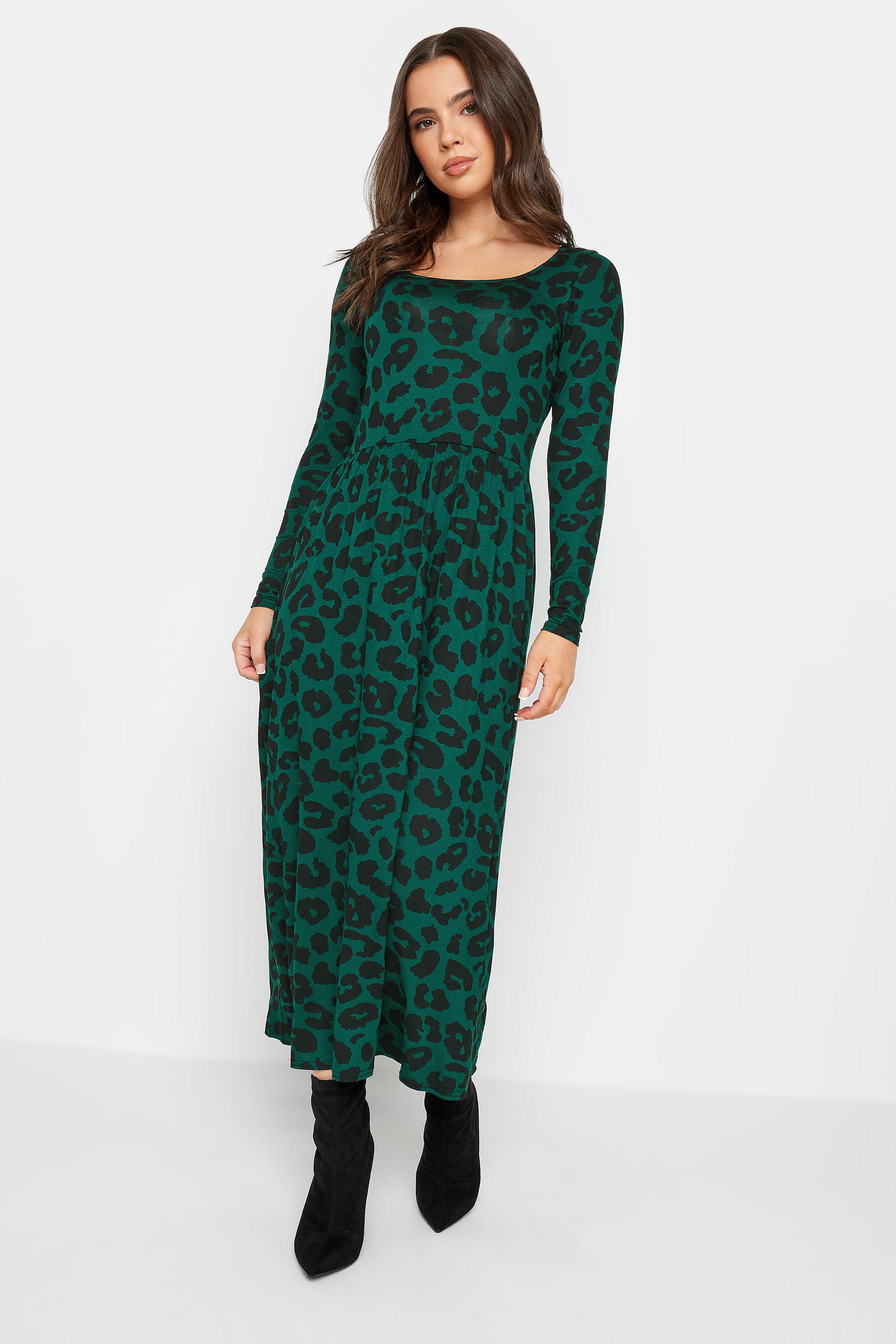PixieGirl Petite Dark Green Leopard Print Long Sleeve Midi Dress | PixieGirl  1