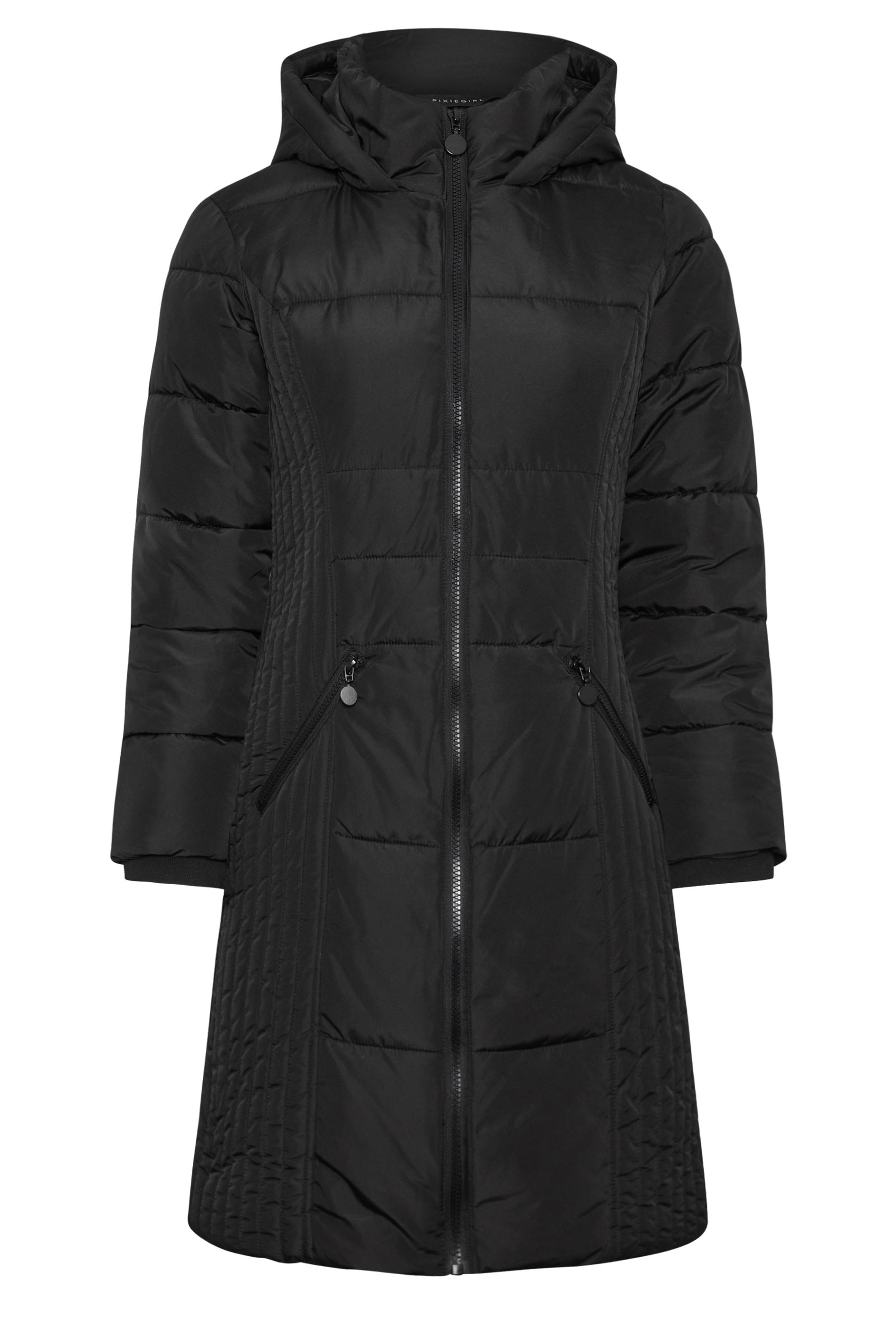 PixieGirl Petite Women's Black Sporty Zip Through Midi Padded Coat | PixieGirl 5