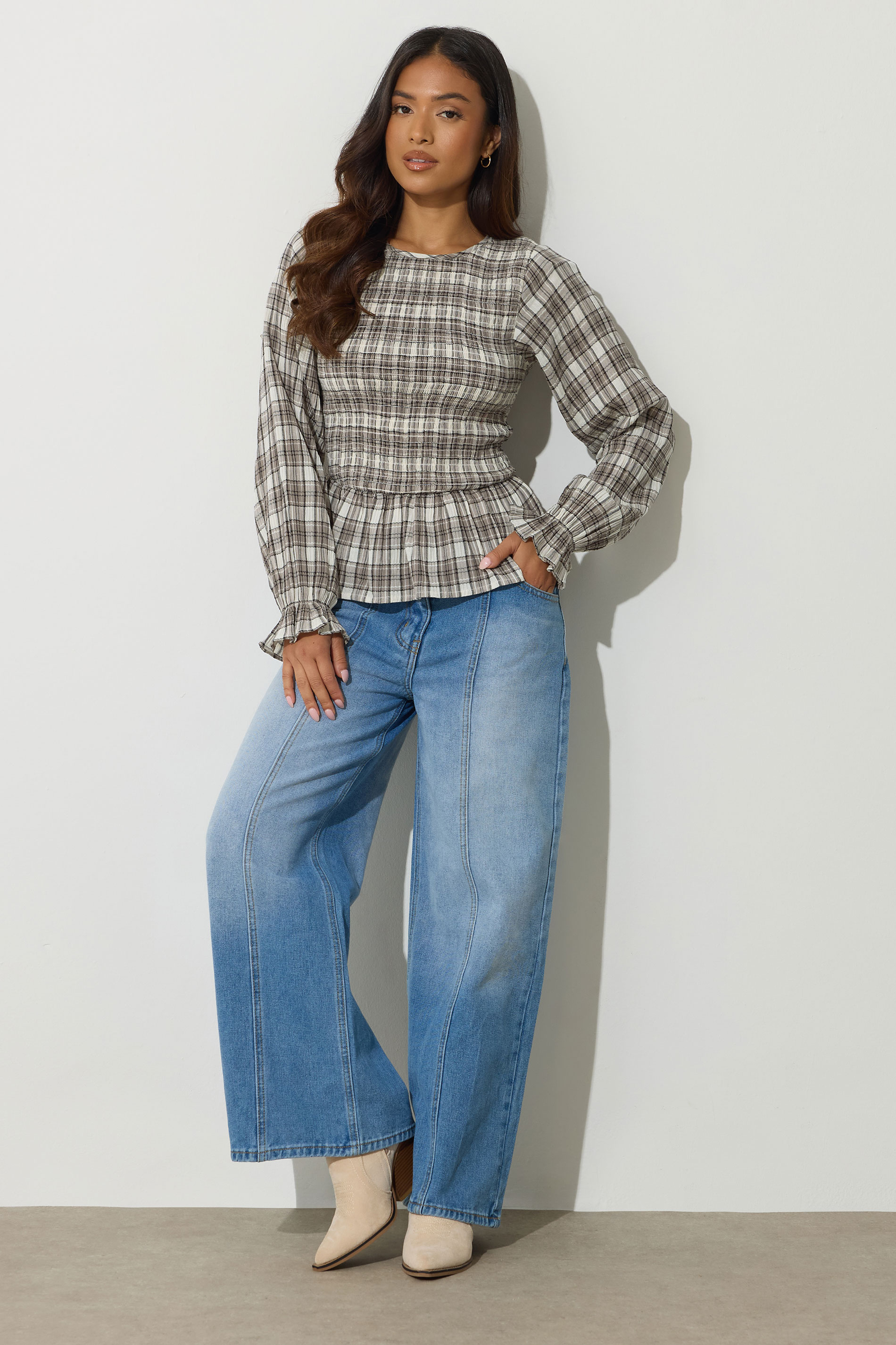 PixieGirl Petite Women's Brown Check Shirred Long Sleeve Top | PixieGirl 3