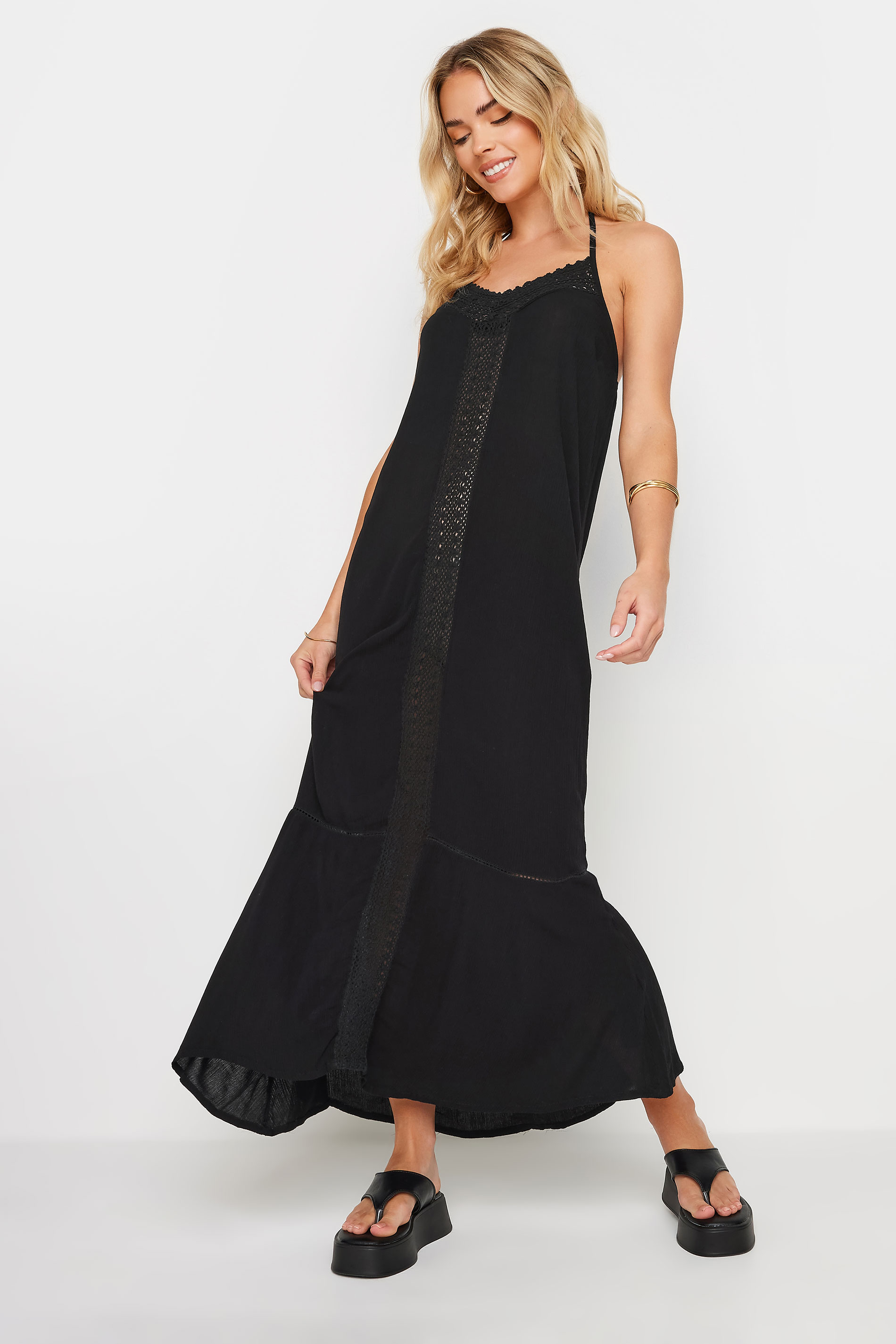PixieGirl Petite Women's Black Crochet Trim Halter Neck Maxi Dress | PixieGirl 2