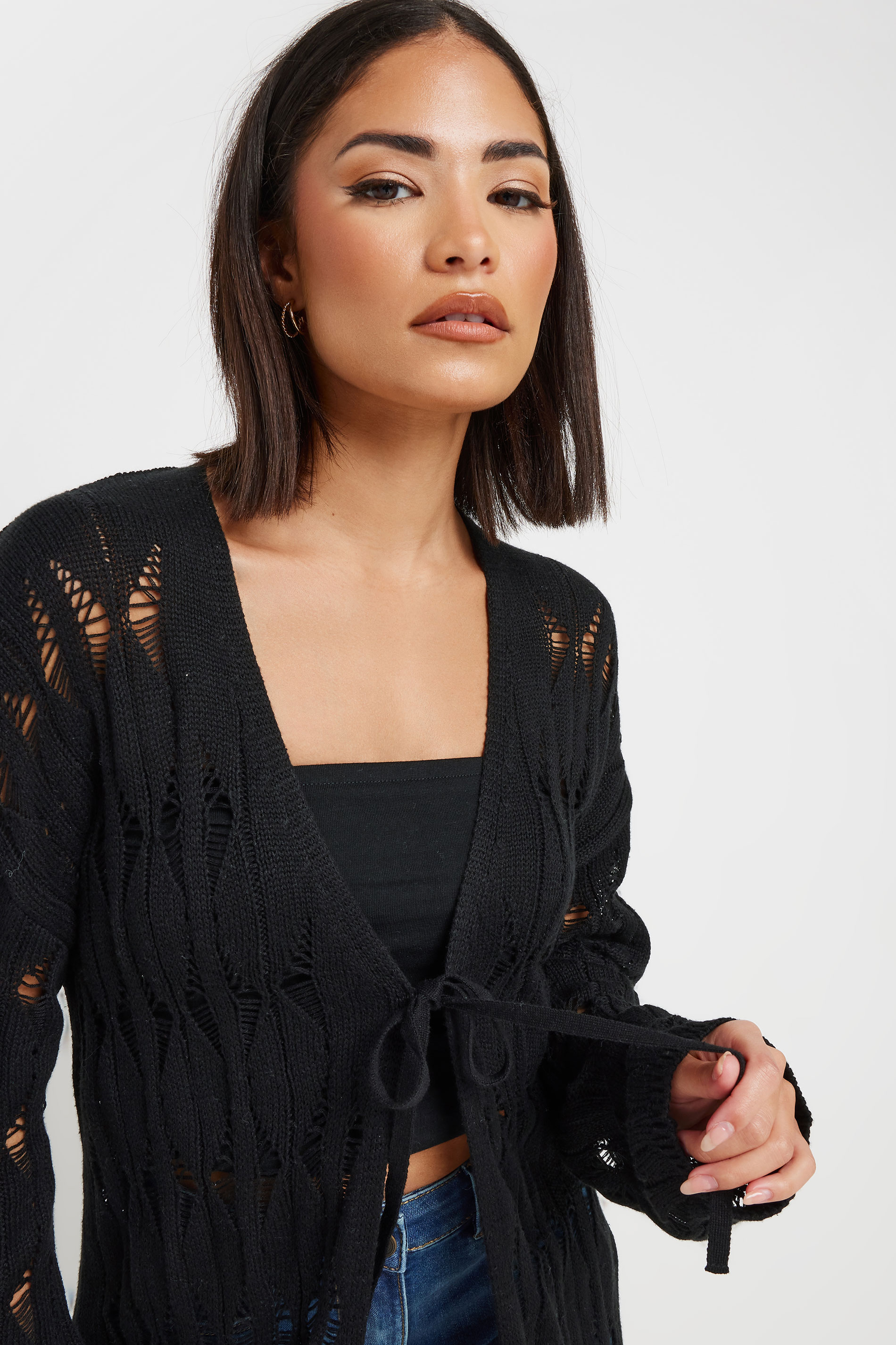 PixieGirl Petite Women's Black Crochet Maxi Tie Cardigan | PixieGirl 2