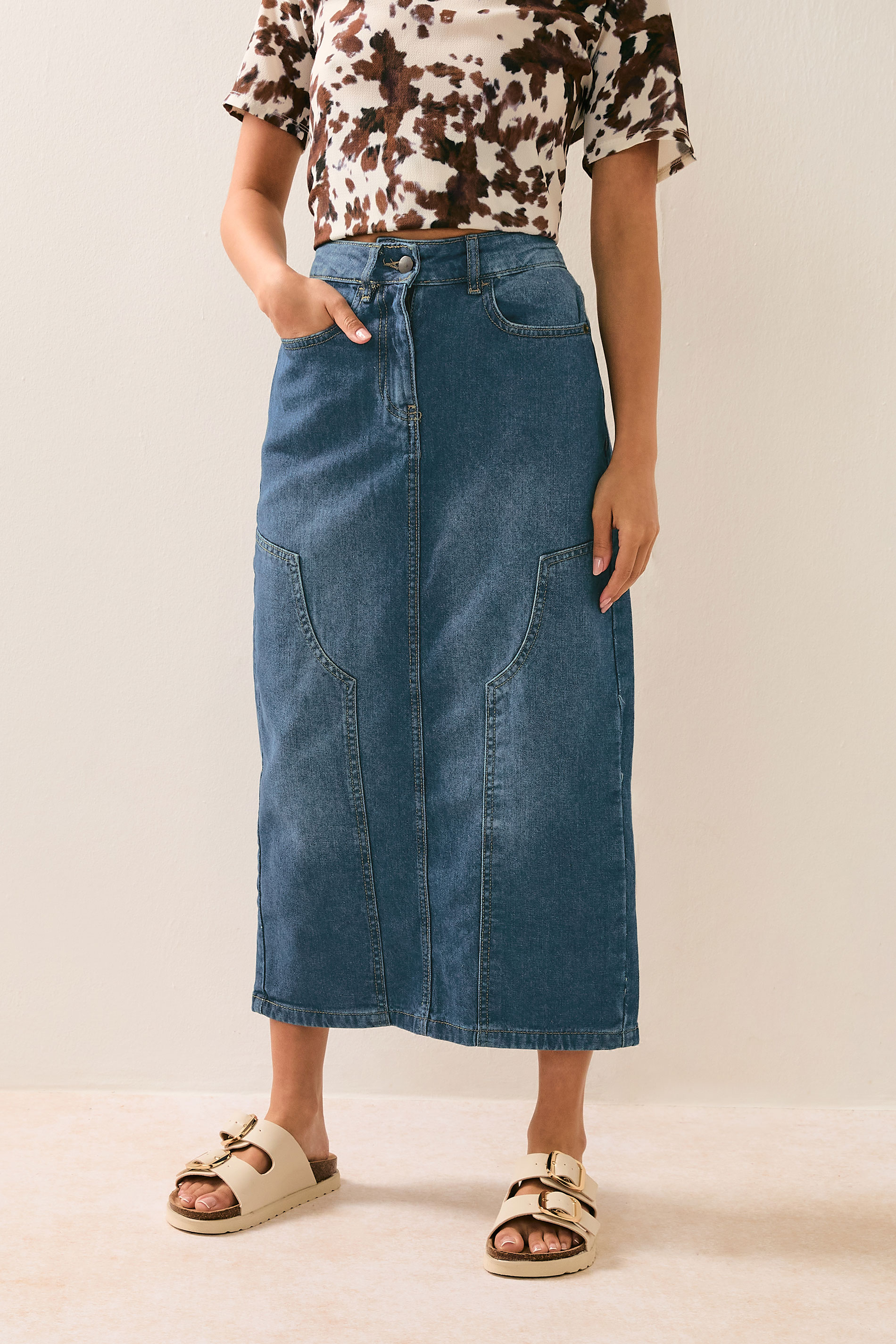PixieGirl Petite Women's Blue Denim Panel Seam Skirt | PixieGirl 2