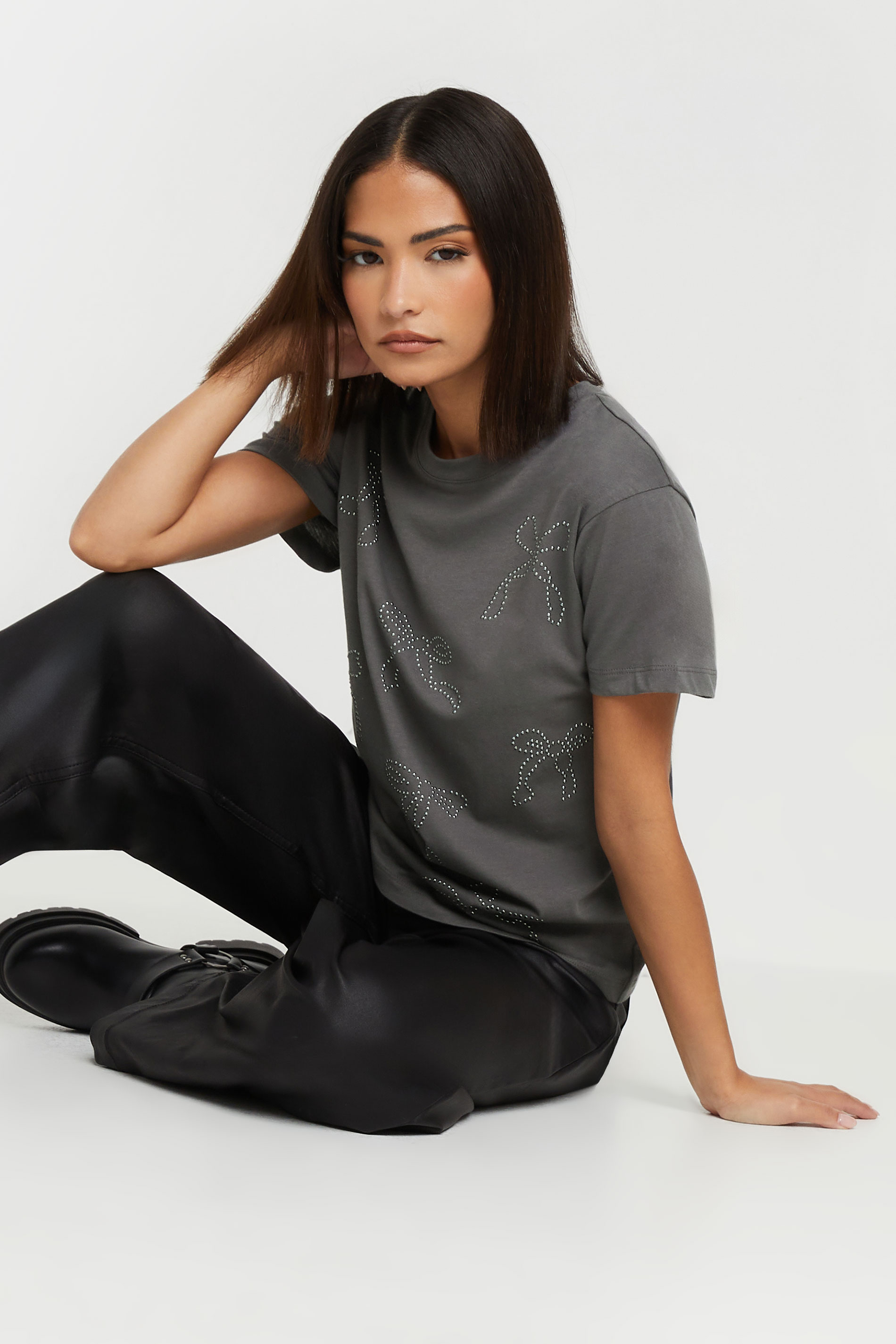 PixieGirl Petite Women's Charcoal Grey Bow Studded T-Shirt | PixieGirl 4