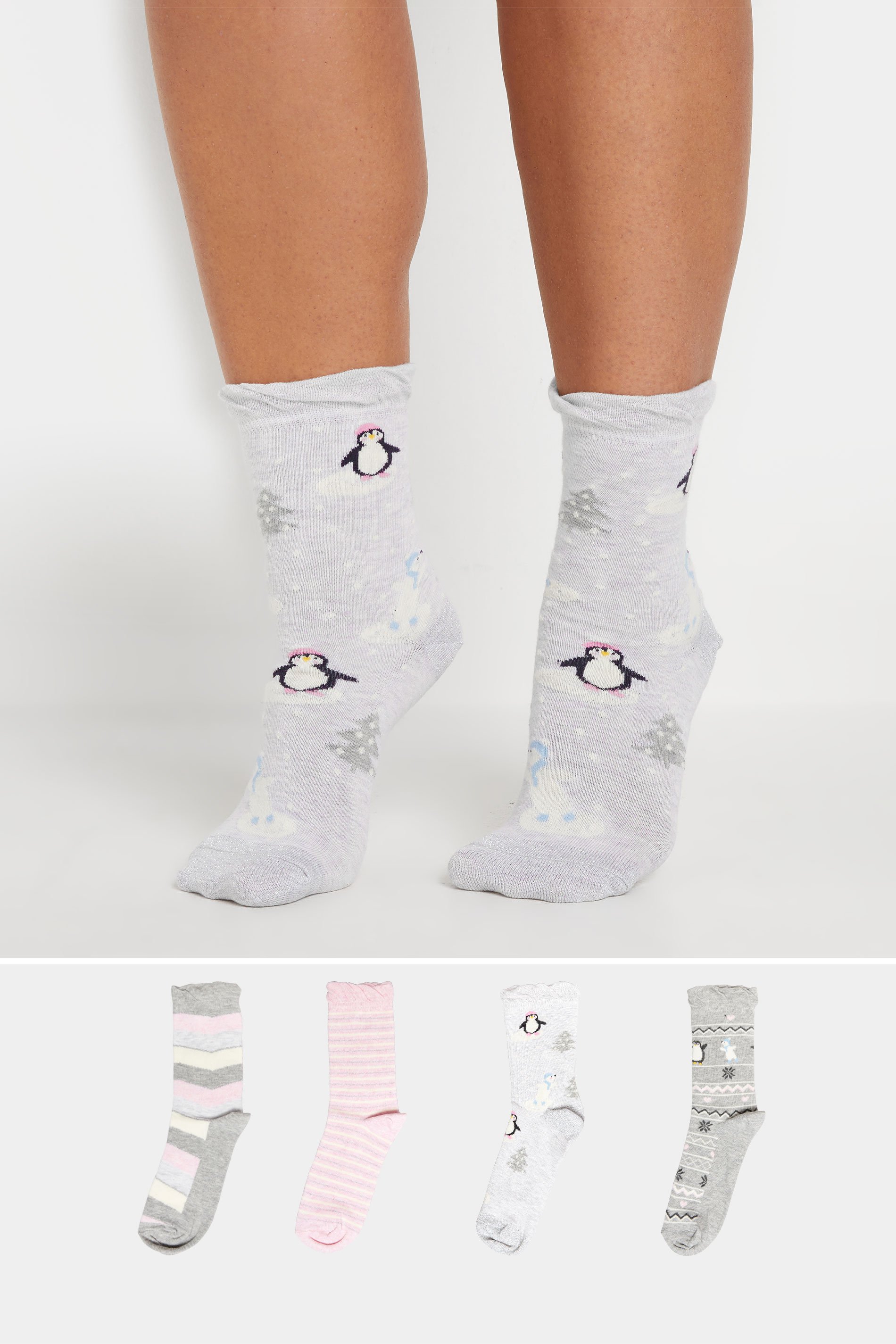 YOURS 4 PACK Plus Size Blue & Grey Novelty Penguin Print Ankle Socks | Yours Clothing 1