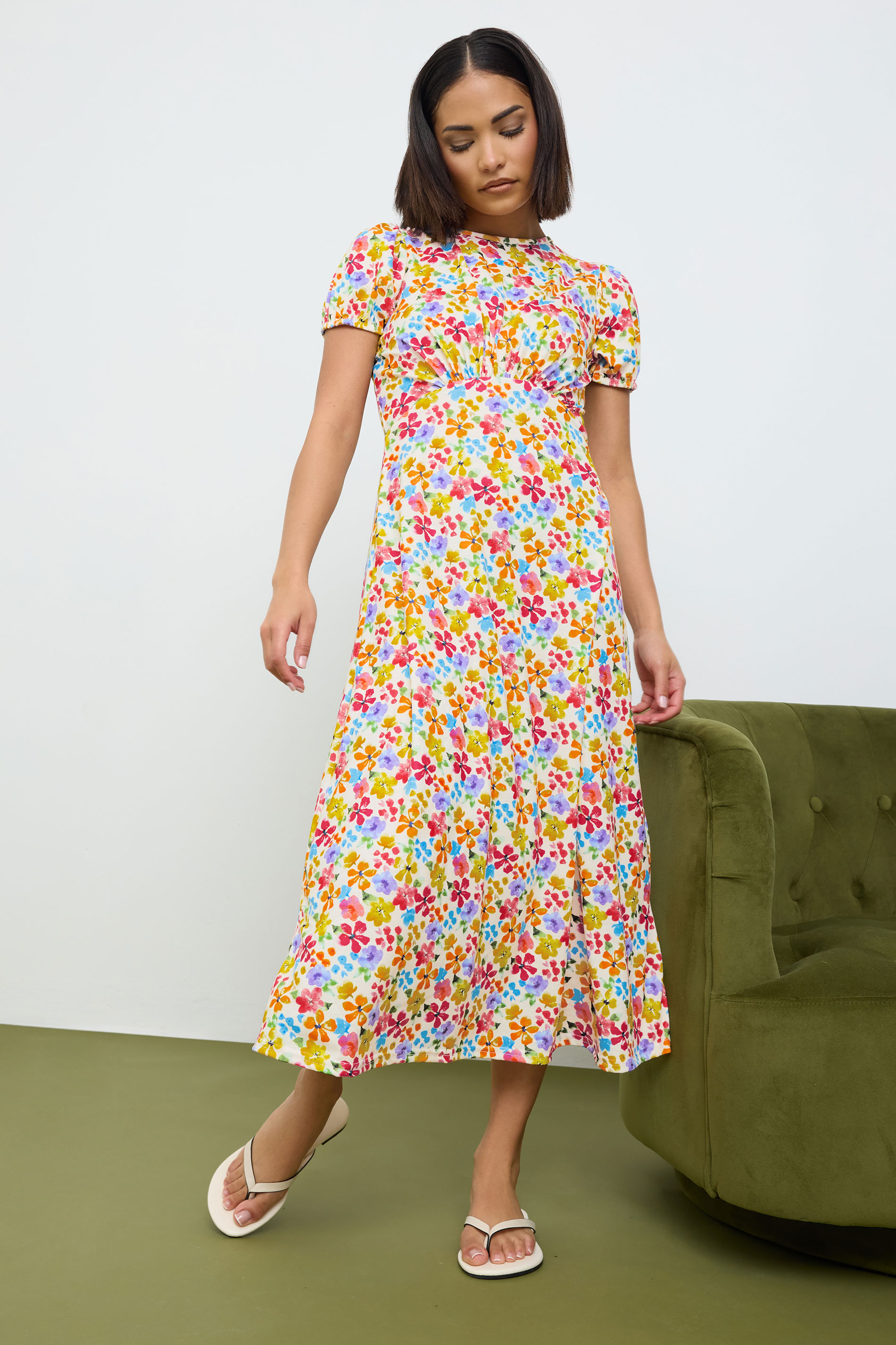 PixieGirl Petite Womens Pink & Yellow Floral Print Puff Sleeve Midi Dress | PixieGirl 1