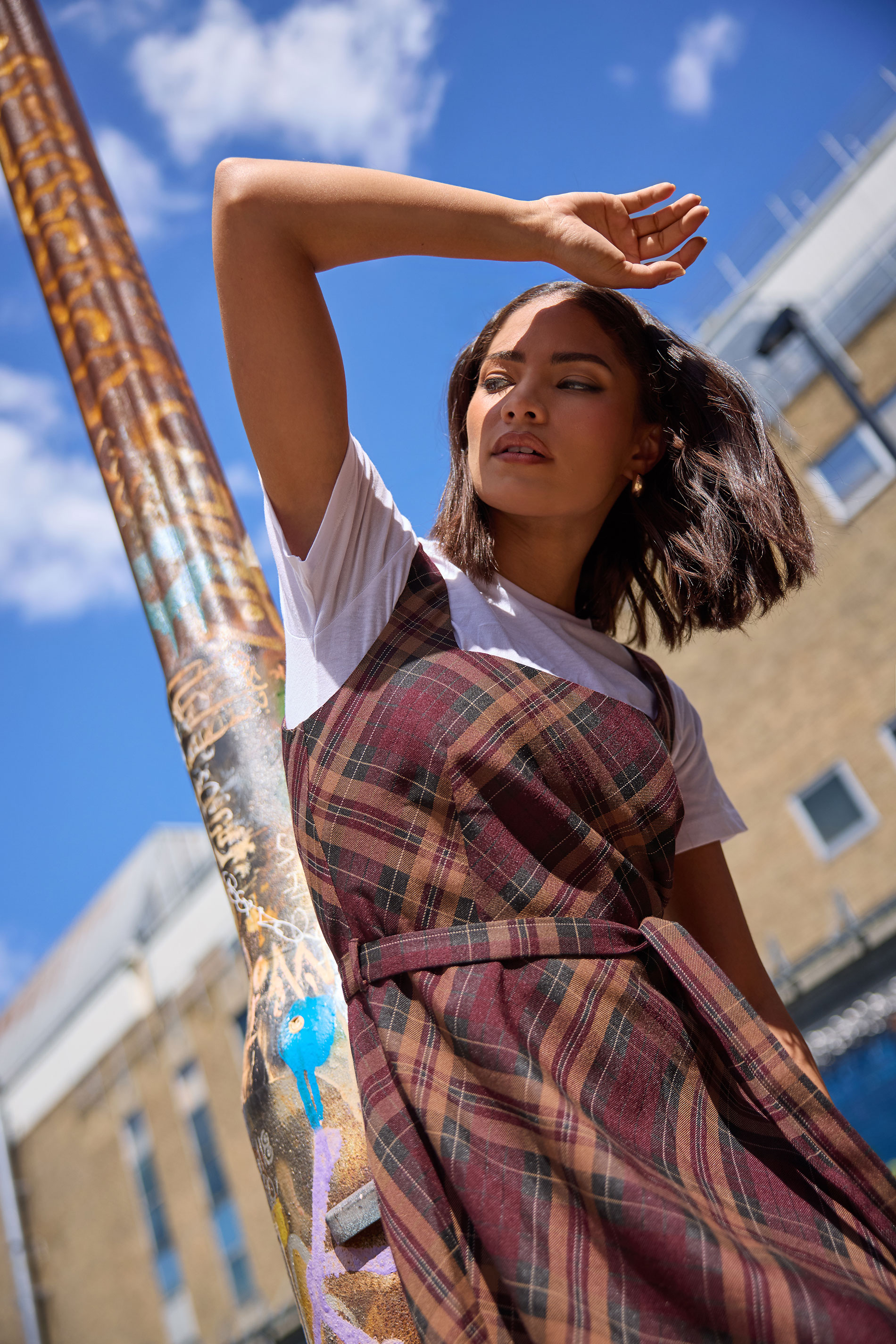 PixieGirl Petite Women's Burgundy Red Check Pinafore Midi Dress | PixieGirl 2