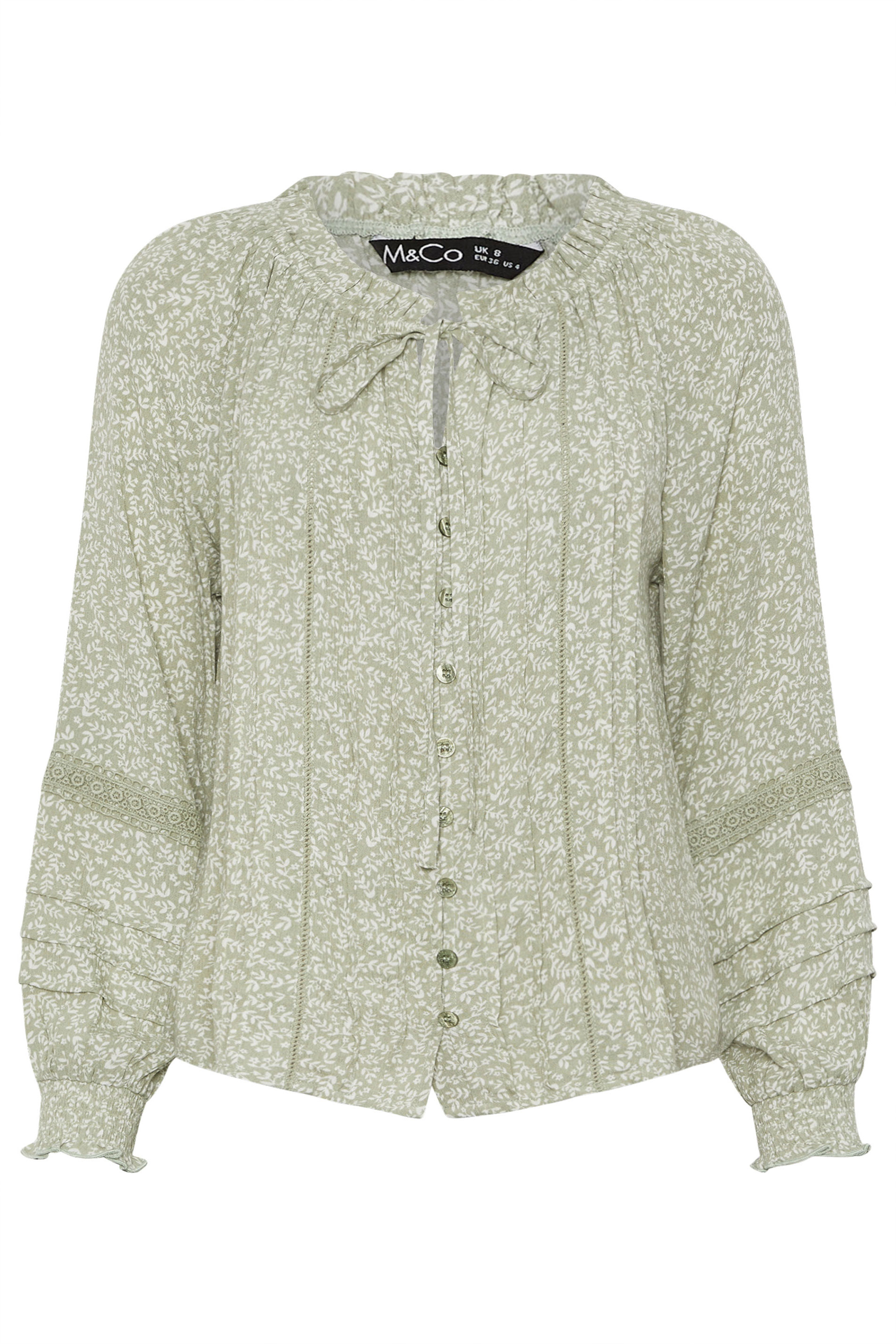M&Co Petite Sage Green Floral Trim Detail Tie Neck Blouse | M&Co 5