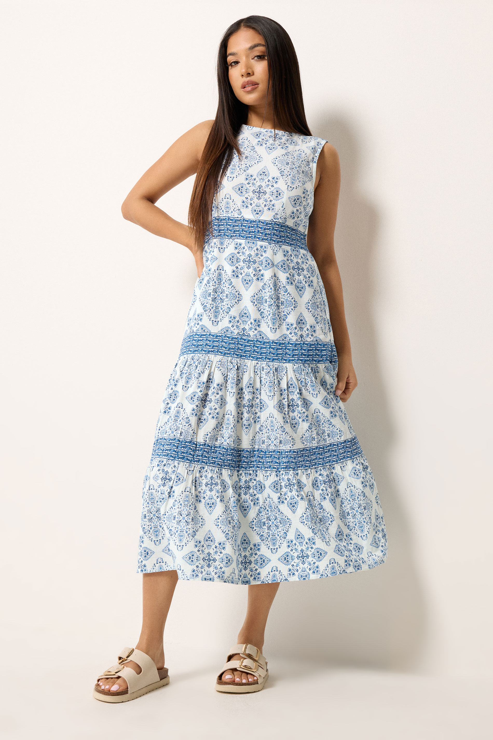 M&Co Petite Light Blue Tile Print Tiered Midi Dress | M&Co 3