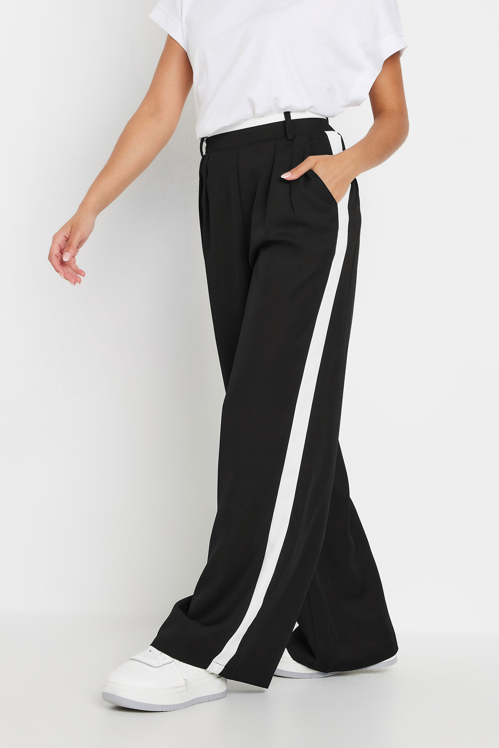PixieGirl Petite Women's Black Side Stripe Contrast Waist Wide Leg Trousers | PixieGirl 2
