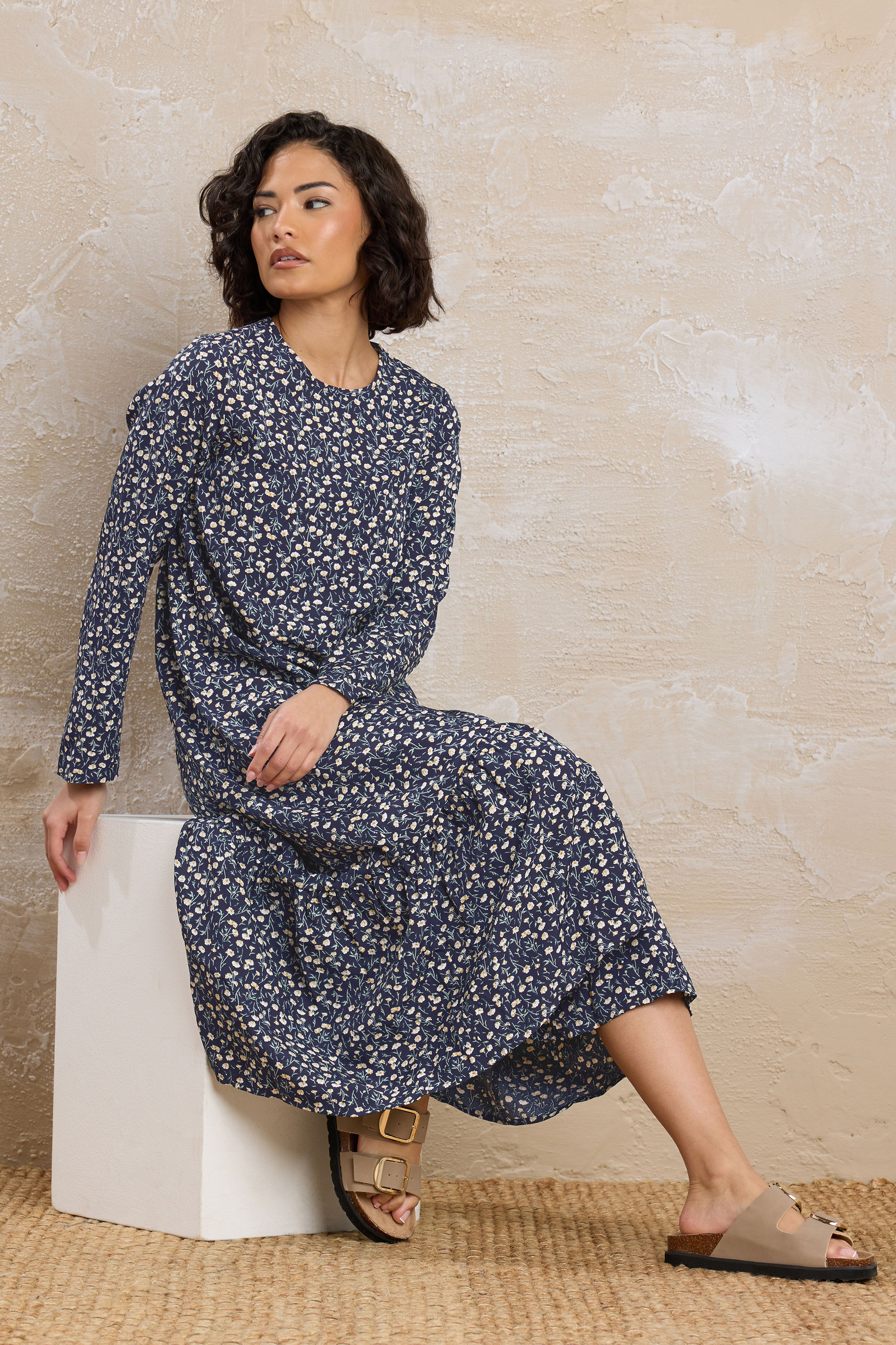 PixieGirl Petite Women's Navy Blue Floral Tiered Midaxi Dress | PixieGirl 3