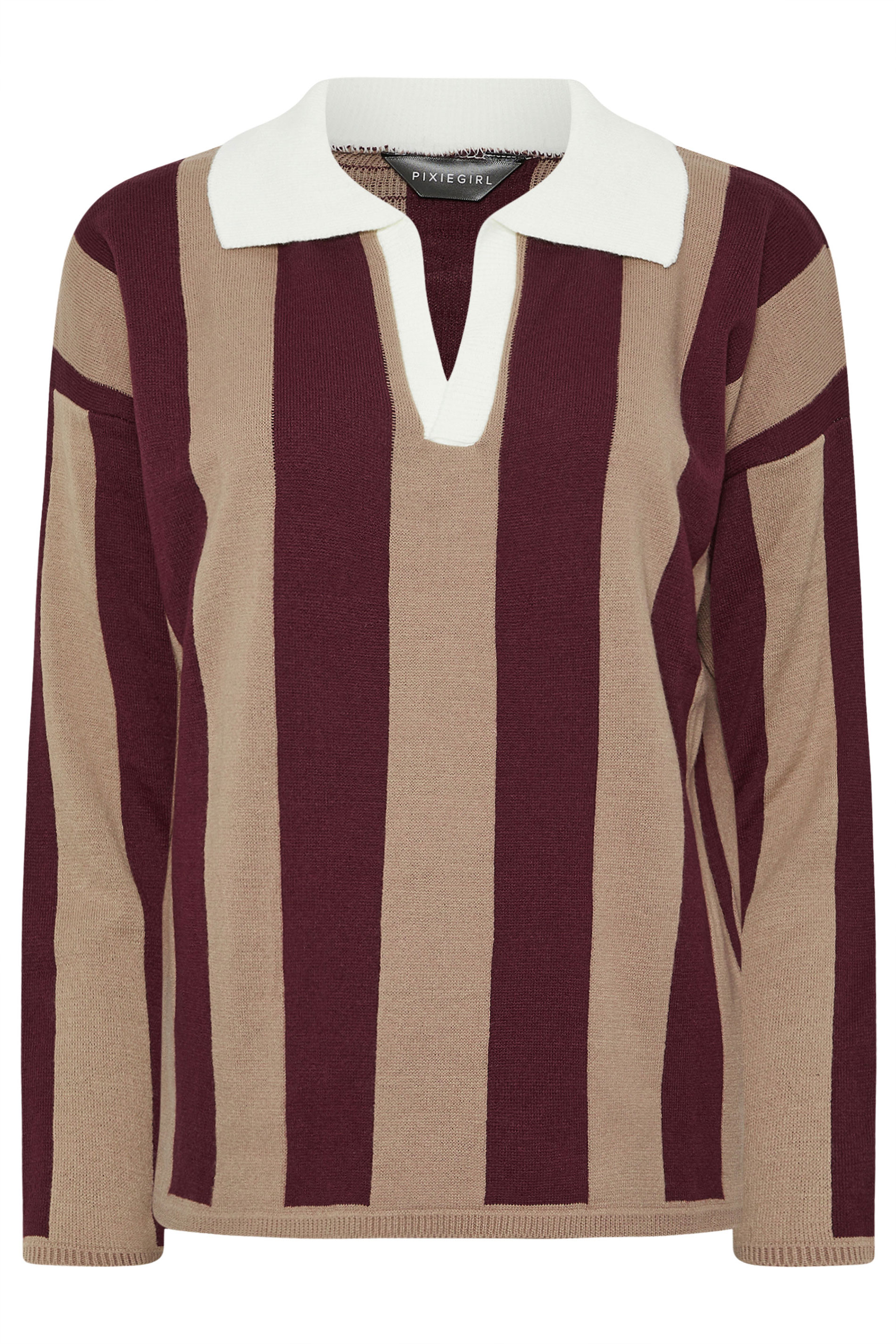 PixieGirl Petite Women's Dark Red Knitted Stripe Collar Jumper | PixieGirl 5