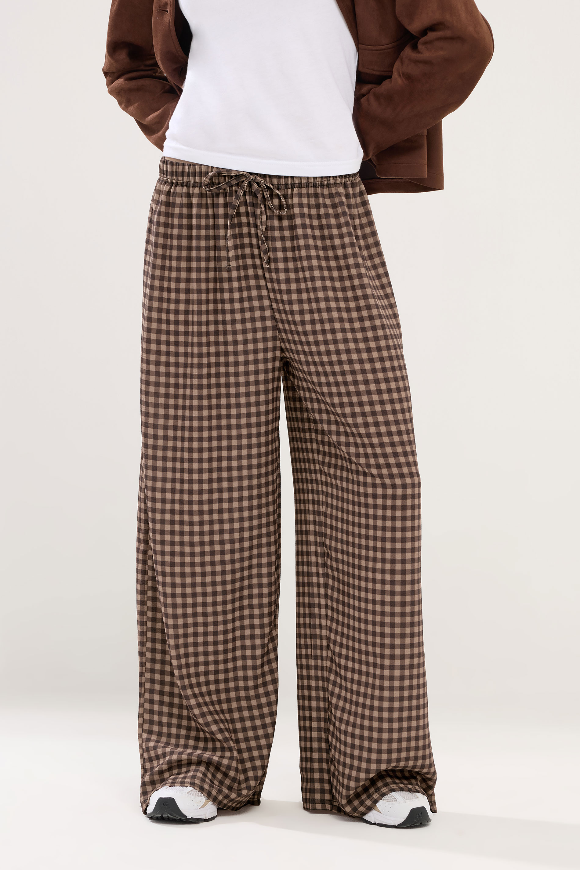PixieGirl Petite Women's Chocolate Brown Gingham Wide Leg Trousers | PixieGirl 2