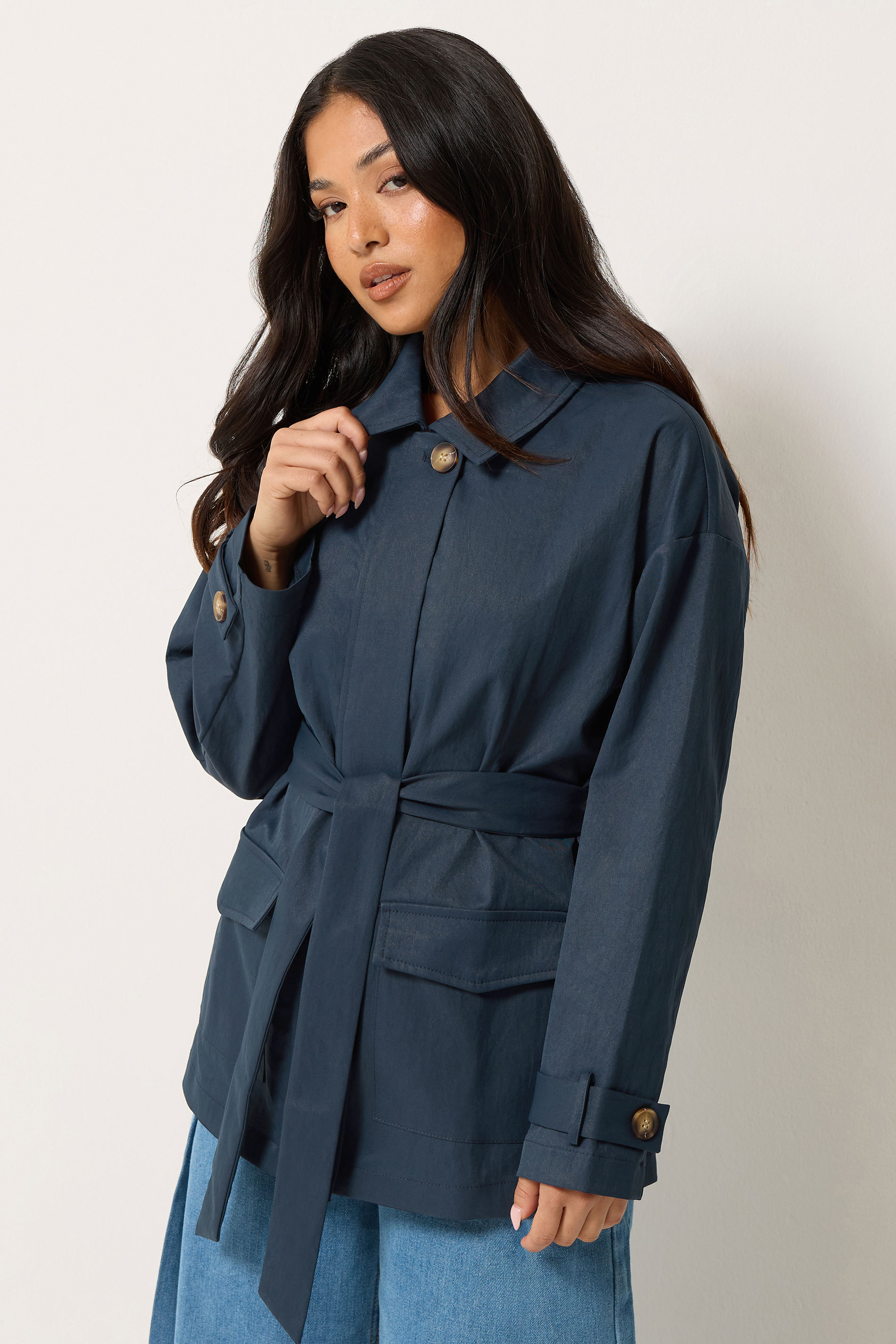 Pixiegirl Women's Blue Petite Navy Belted Midi Trench Coat Size 14