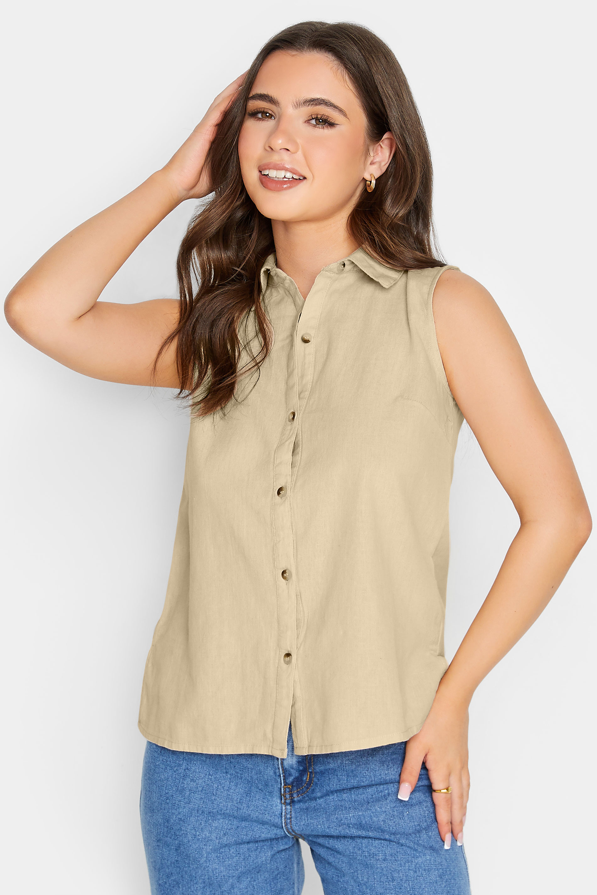 PixieGirl Petite Women's Stone Brown Linen Sleeveless Shirt | PixieGirl 1