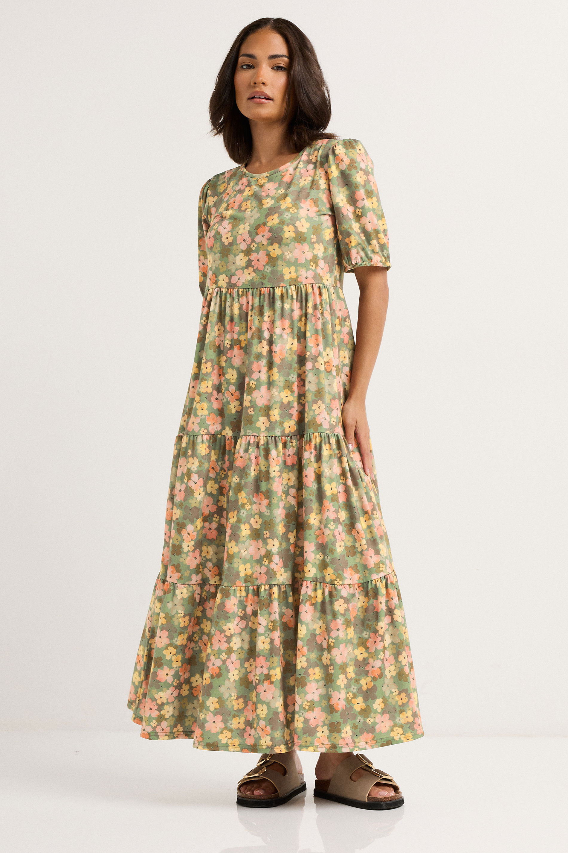 PixieGirl Petite Women's Green Floral Tiered Maxi Dress | PixieGirl 2