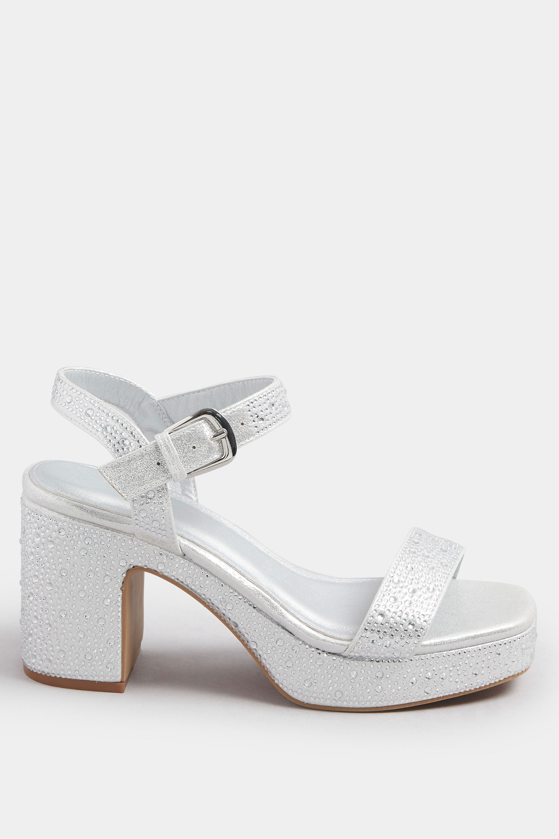 Silver Diamante Platform Block Heels In Wide E Fit | Yours Clothing 3