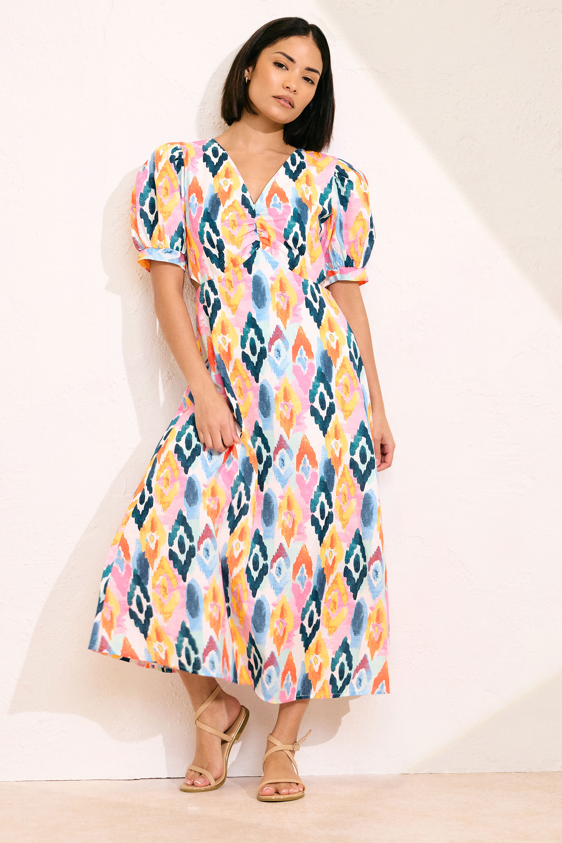 PixieGirl Petite Women's Pink Linen Abstract Puff Sleeve Midaxi Dress | PixieGirl 2