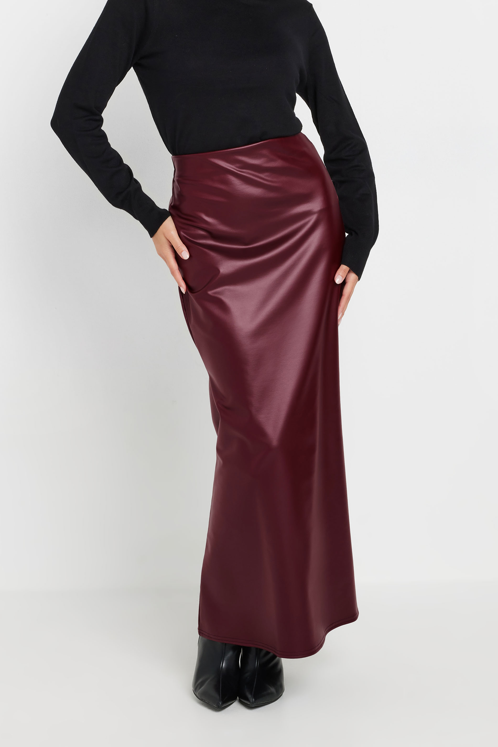 PixieGirl Petite Women's Burgundy Red Faux Leather Fishtail Skirt | PixieGirl 1