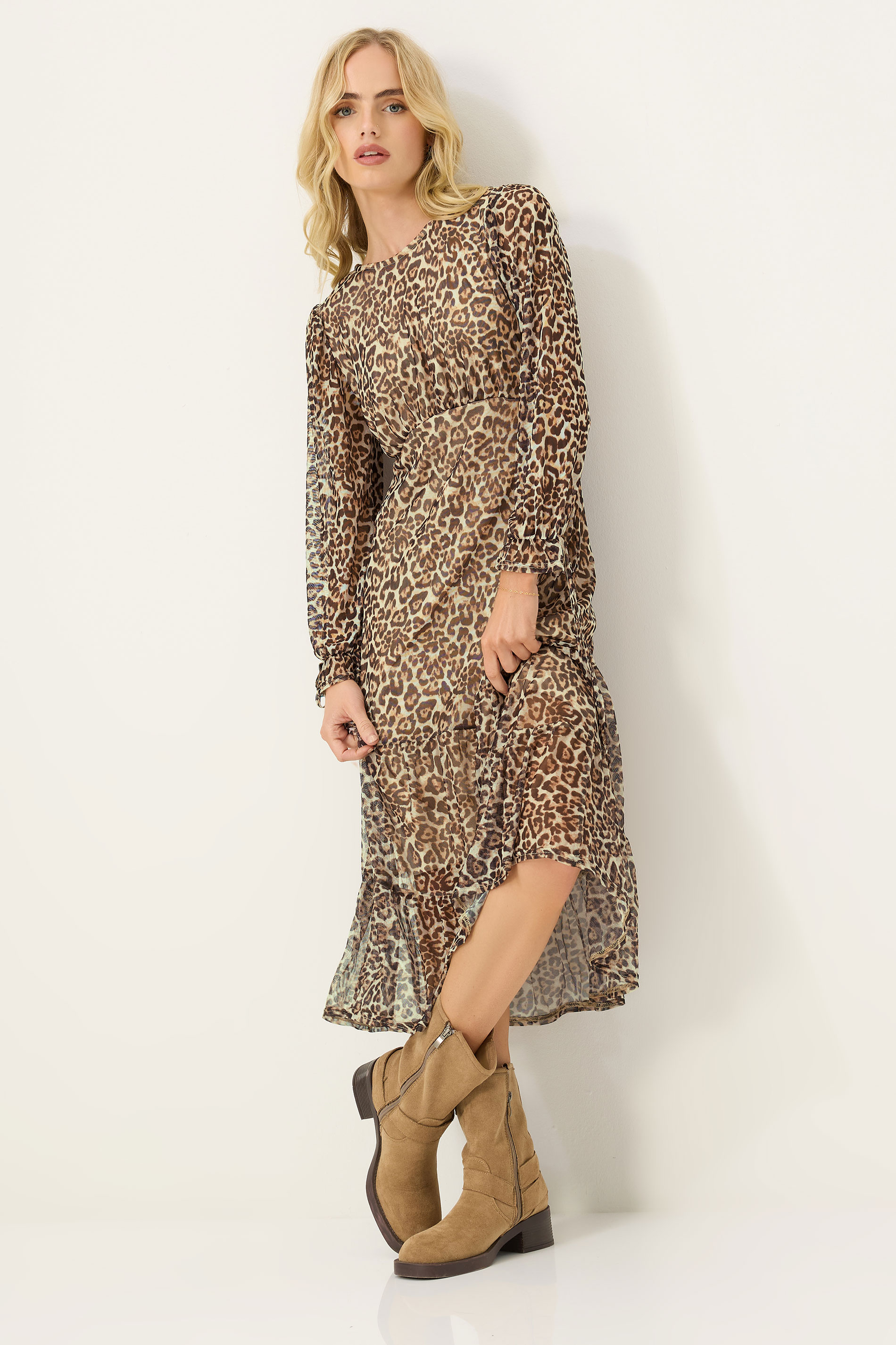PixieGirl Petite Women's Beige Brown Leopard Print Mesh Tiered Dress | PixieGirl 2