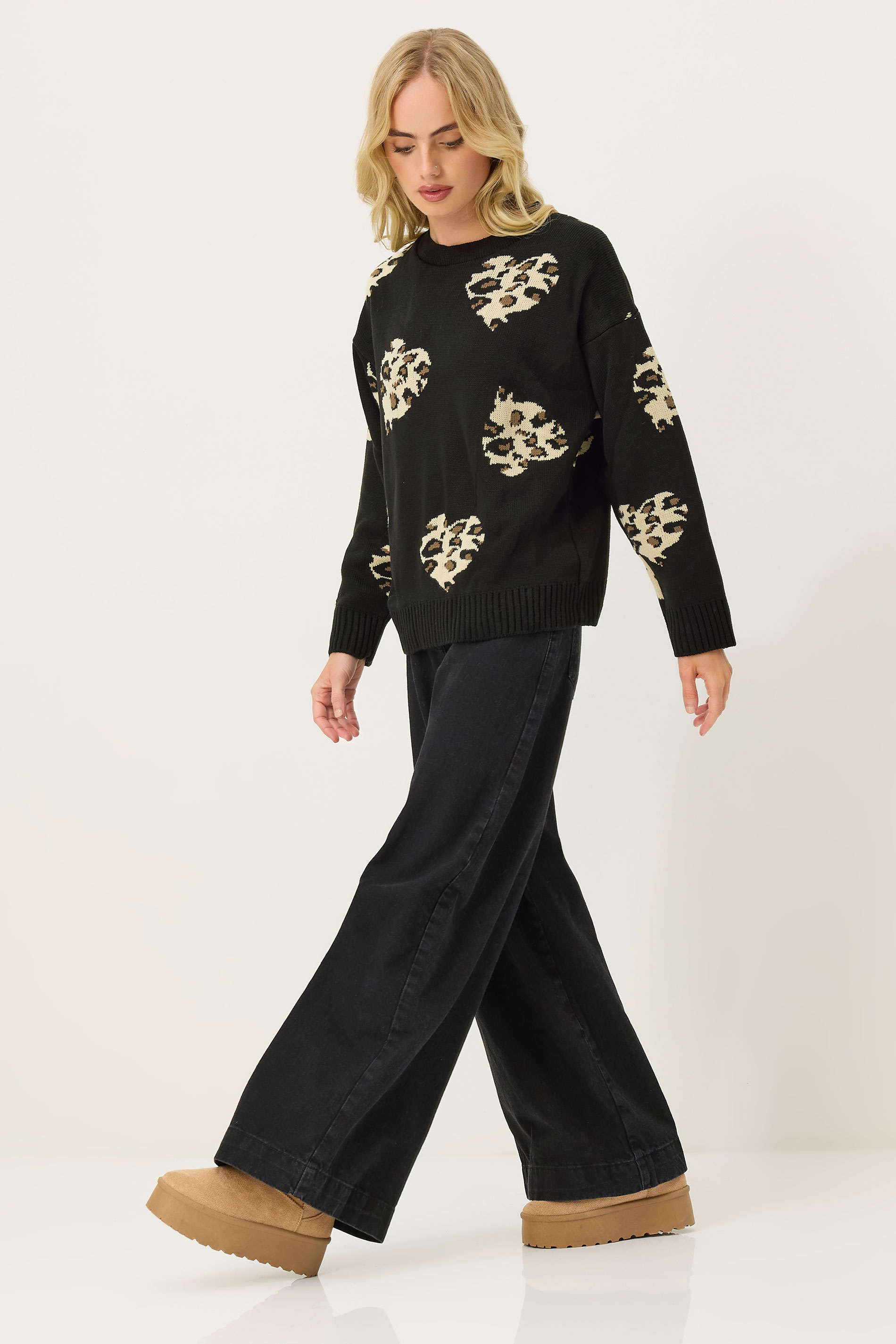 PixieGirl Petite Women's Black Leopard Print Heart Jumper | PixieGirl 2