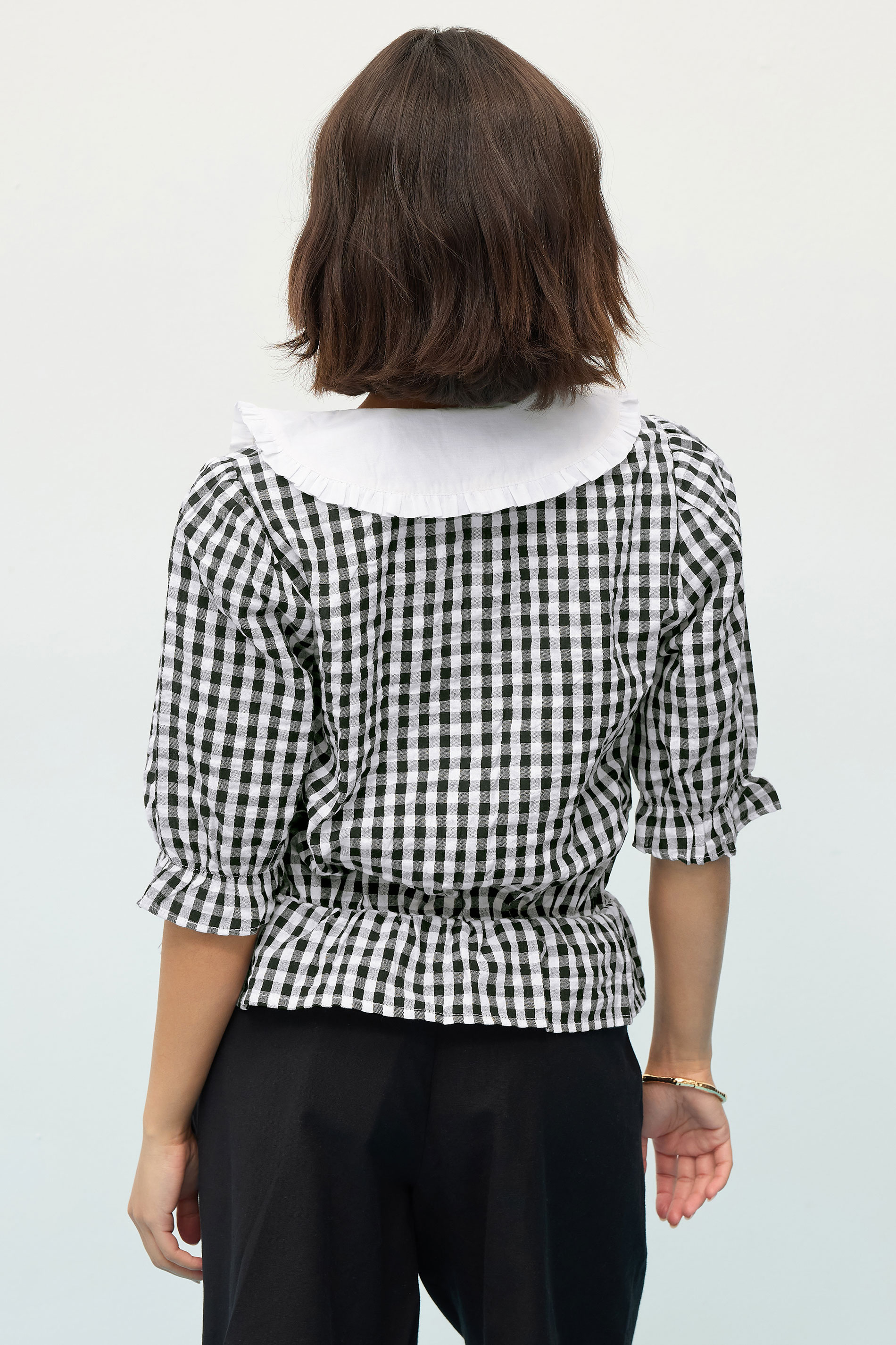 PixieGirl Petite Women's Black Gingham Tie Front Collar Peplum Top | PixieGirl 4