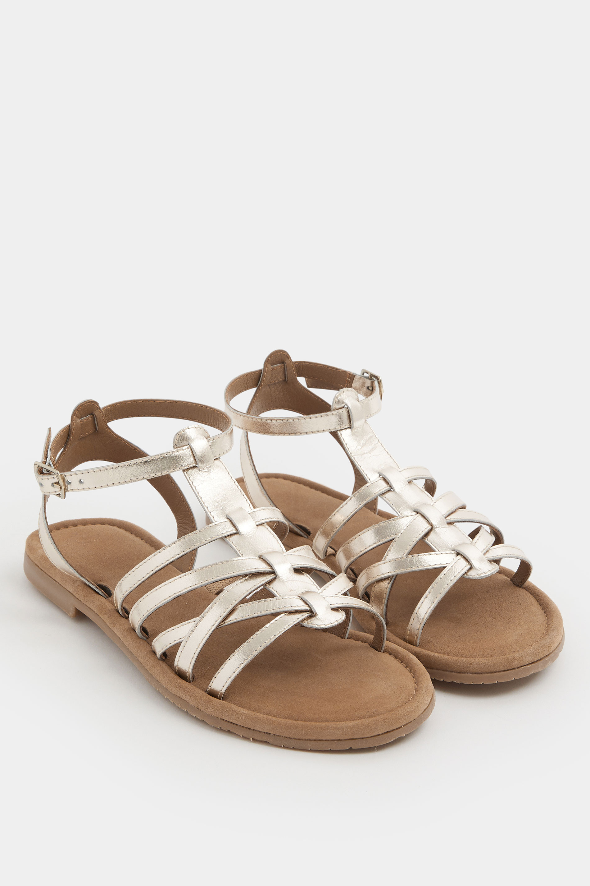 Gold Faux Leather Gladiator Sandals in Extra Wide E Fit | Yours Clothing 1
