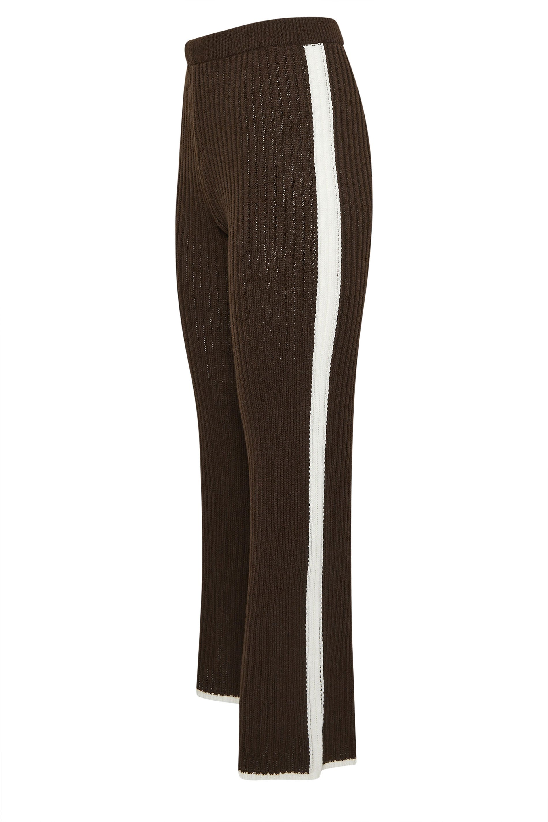 PixieGirl Petite Women's Chocolate Brown Knitted Side Stripe Trousers | PixieGirl 5