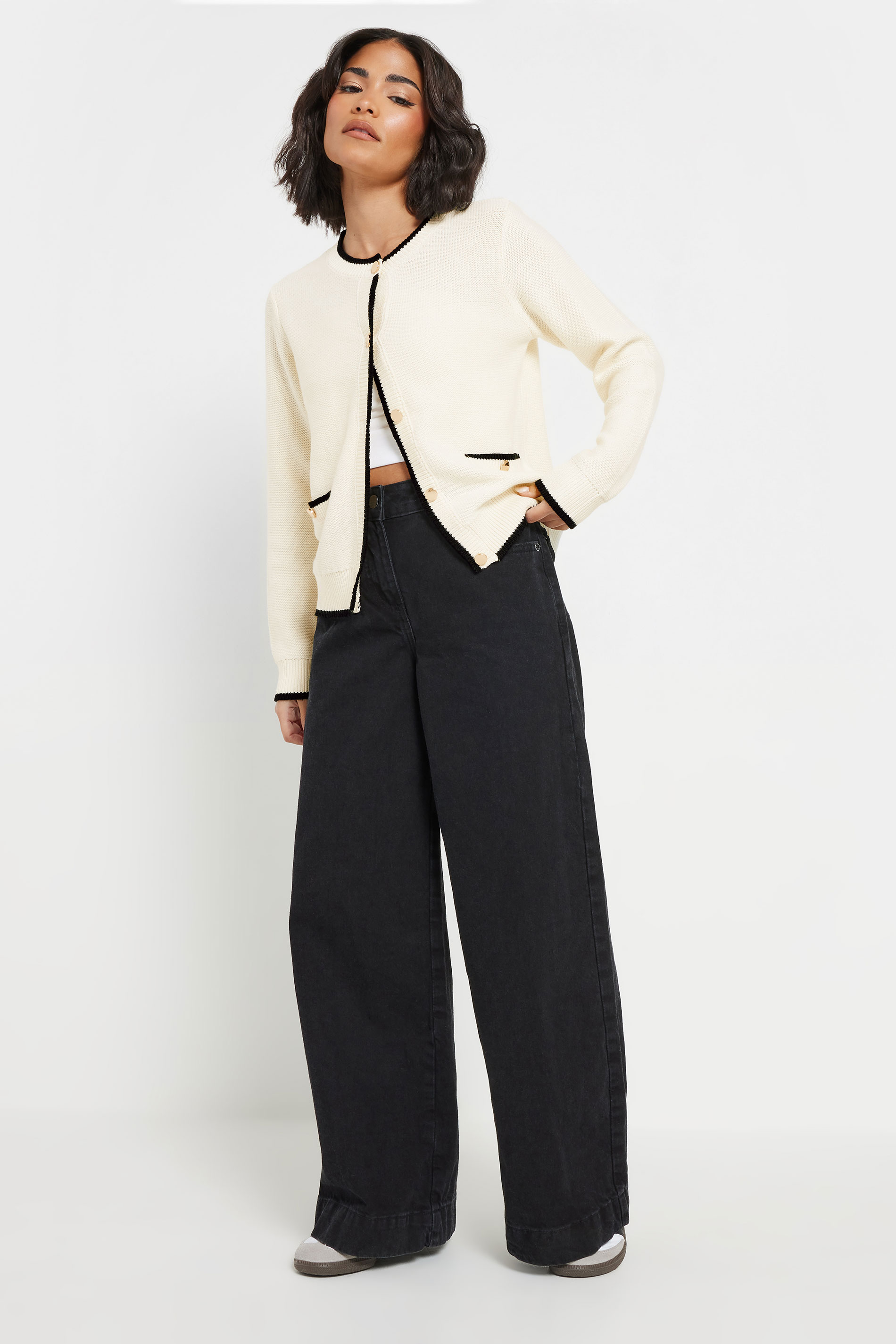 PixieGirl Petite Women's Cream Knitted Contrast Trim Button Cardigan | PixieGirl 4