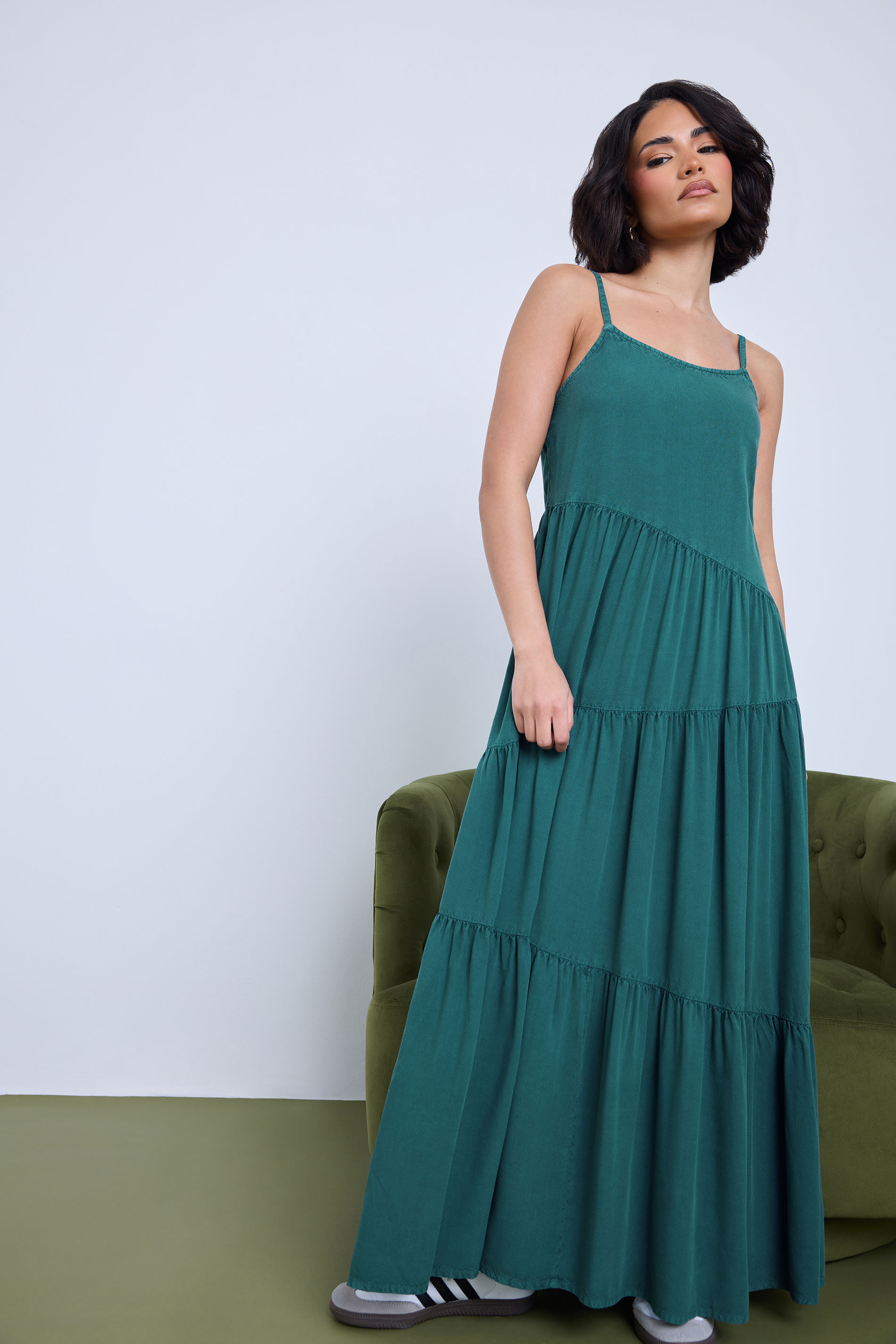 PixieGirl Petite Women's Teal Green Acid Wash Asymmetric Tiered Maxi Dress | PixieGirl 1