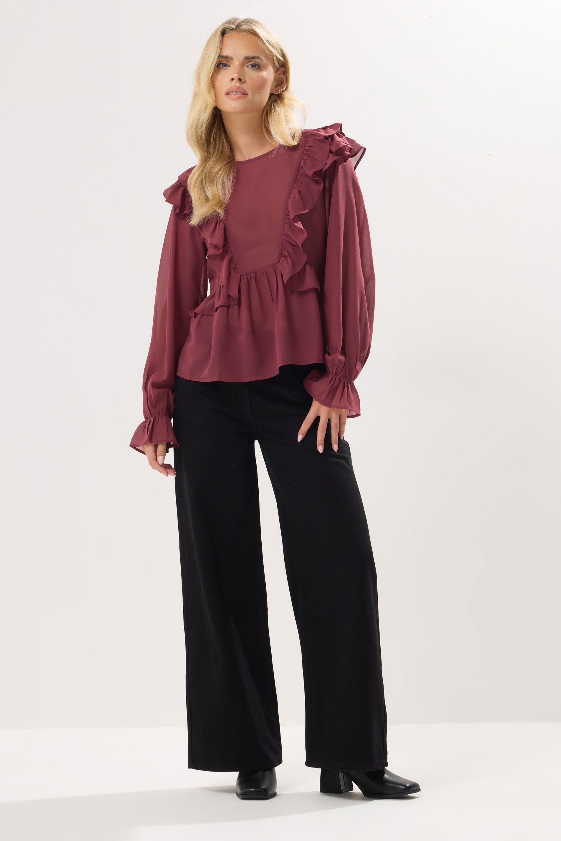 PixieGirl Petite Women's Burgundy Red Frill Shoulder Chiffon Blouse | PixieGirl 2