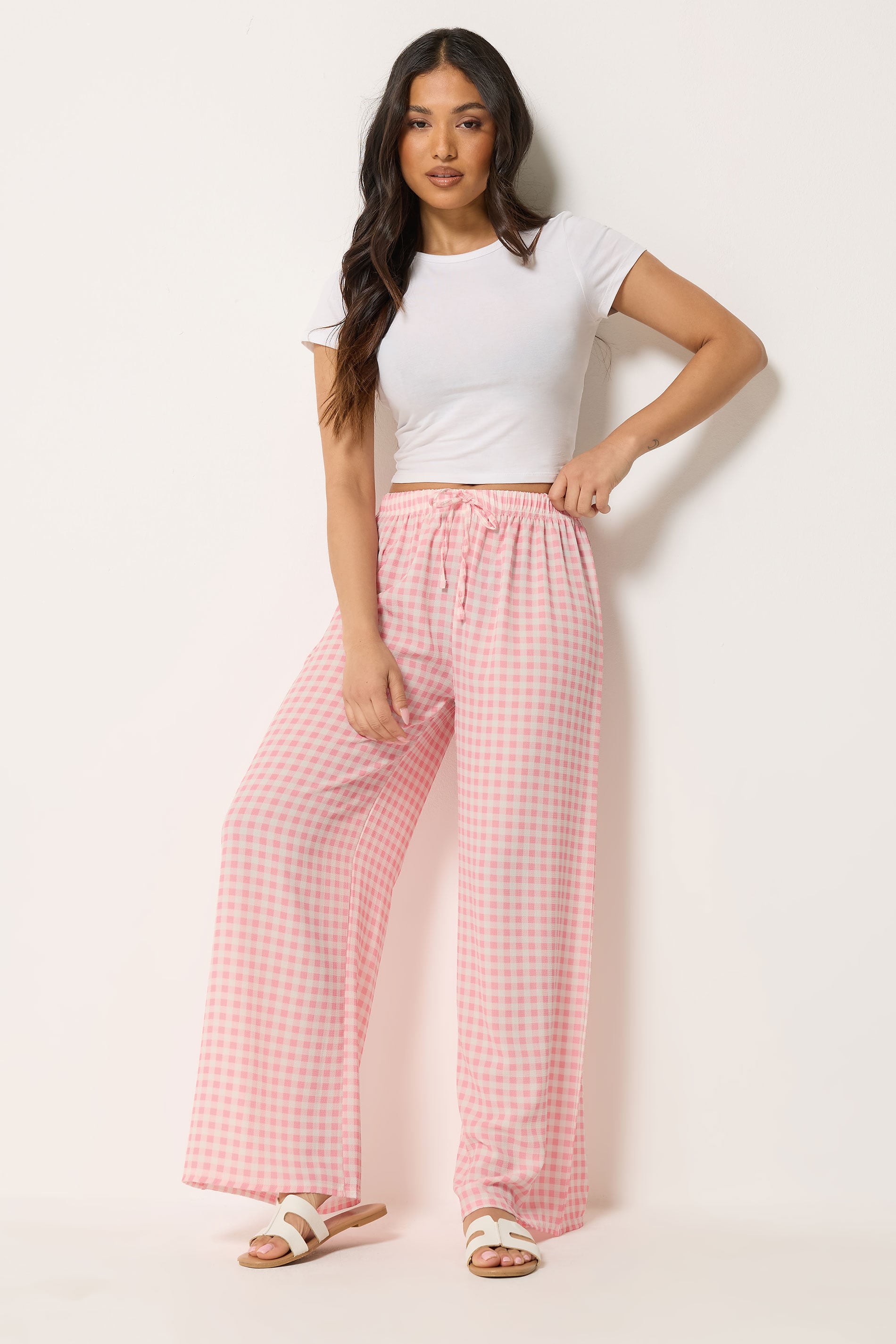 PixieGirl Petite Women's Pink Gingham Wide Leg Trousers | PixieGirl 3