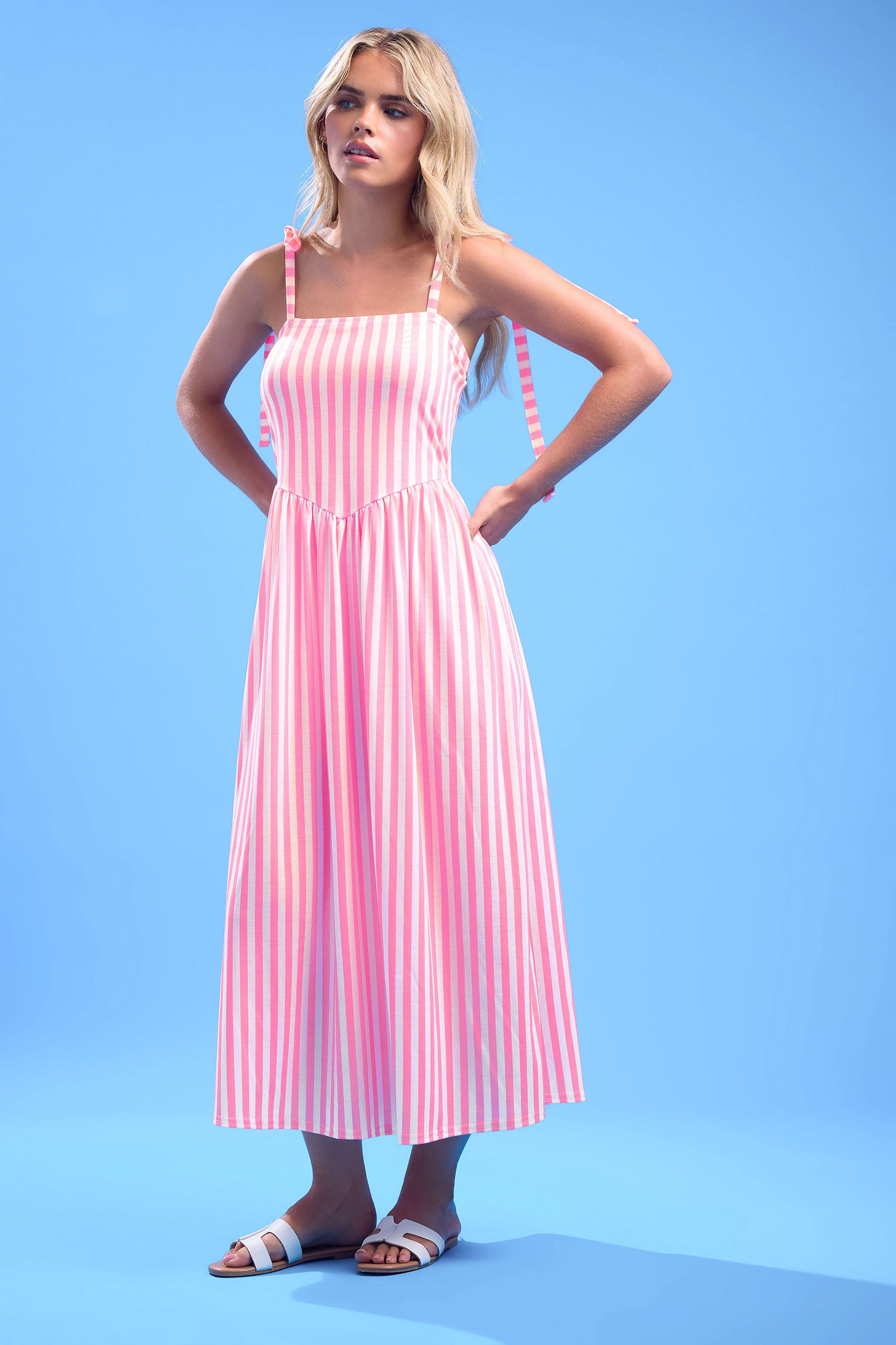 PixieGirl Petite Women's Pink Stripe Tie Shoulder Maxi Dress | PixieGirl 2