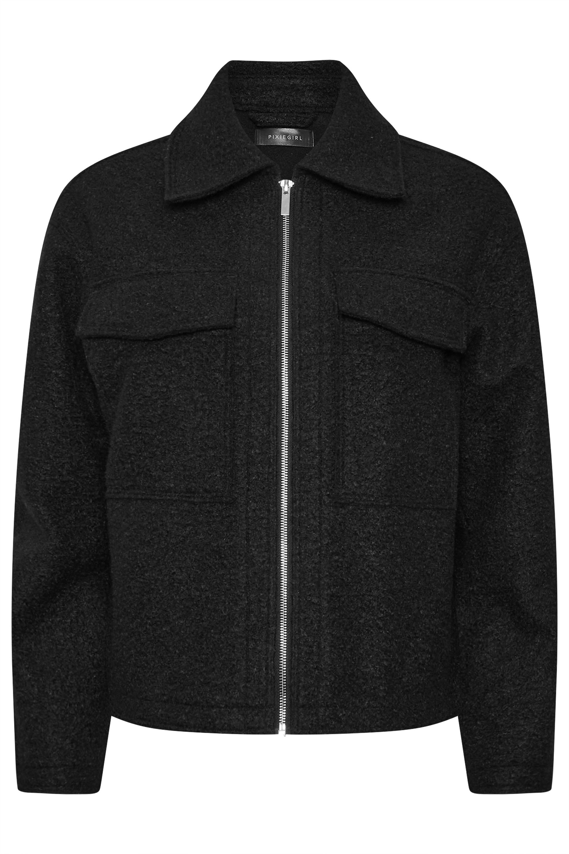PixieGirl Petite Women's Black Boucle Zip Through Shacket | PixieGirl 5