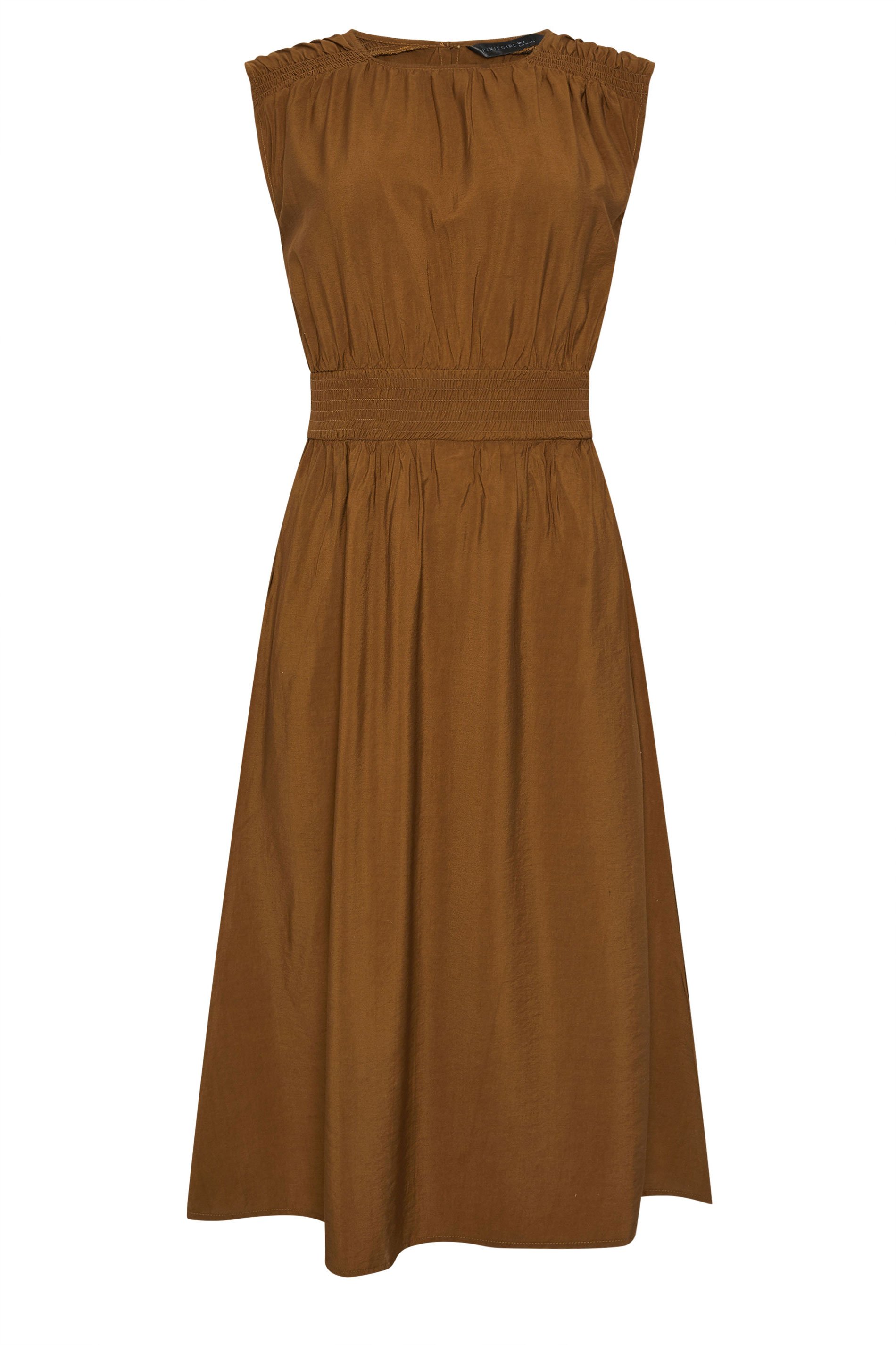 PixieGirl Petite Women's Brown Shirred Waist Midaxi Dress | PixieGirl 6