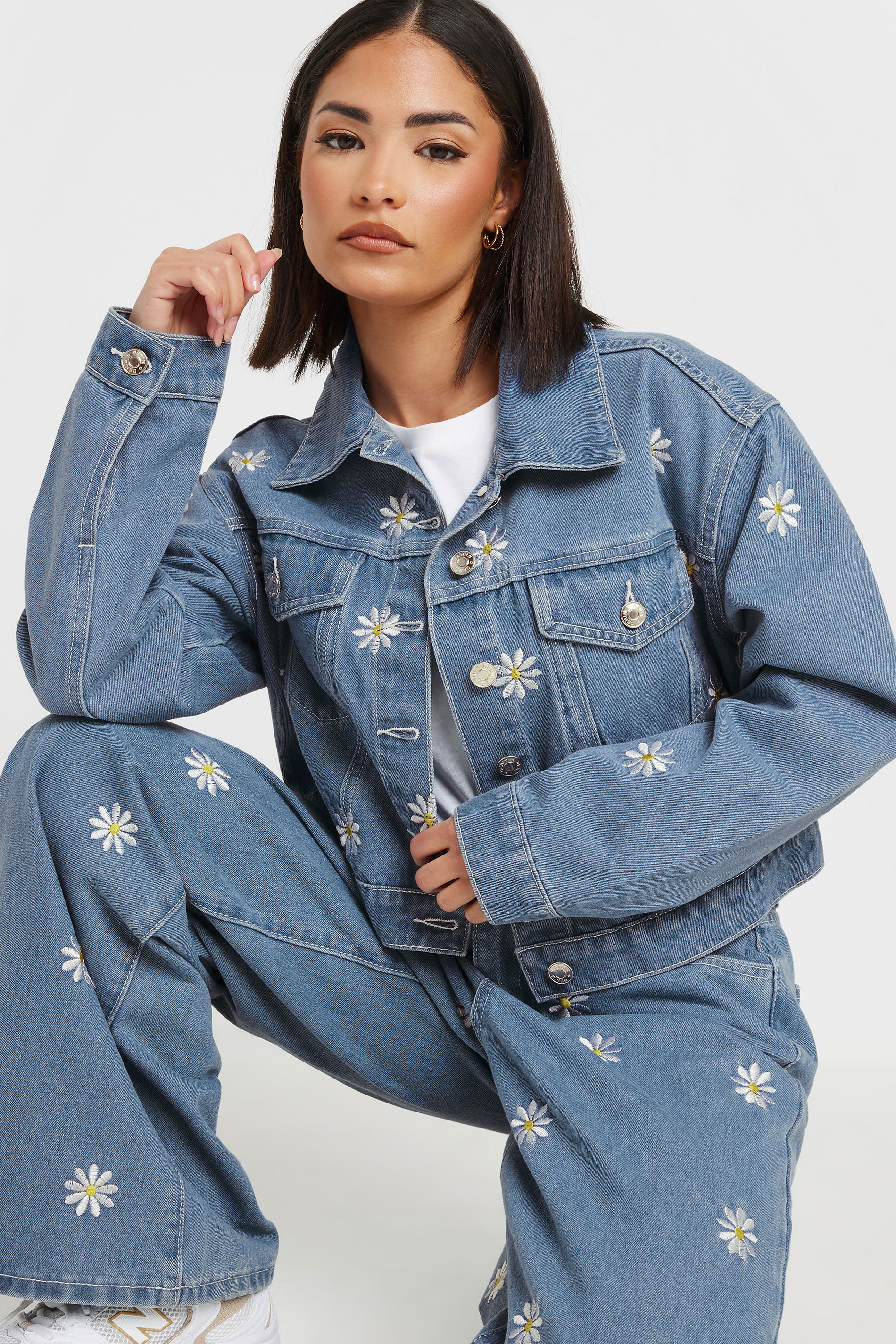 PixieGirl Petite Women's Blue Denim Daisy Embroidered Jacket | PixieGirl 3
