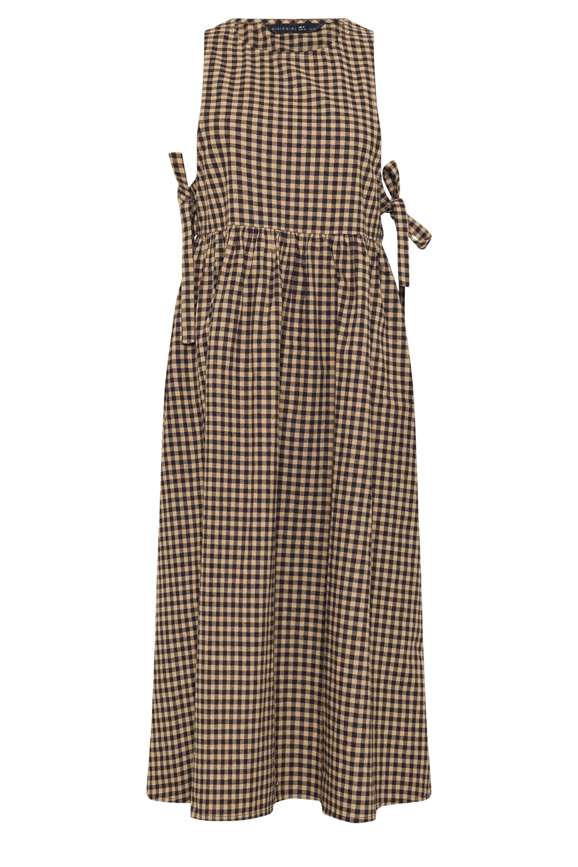 PixieGirl Petite Women's Brown Gingham Tie Side Pinafore Dress