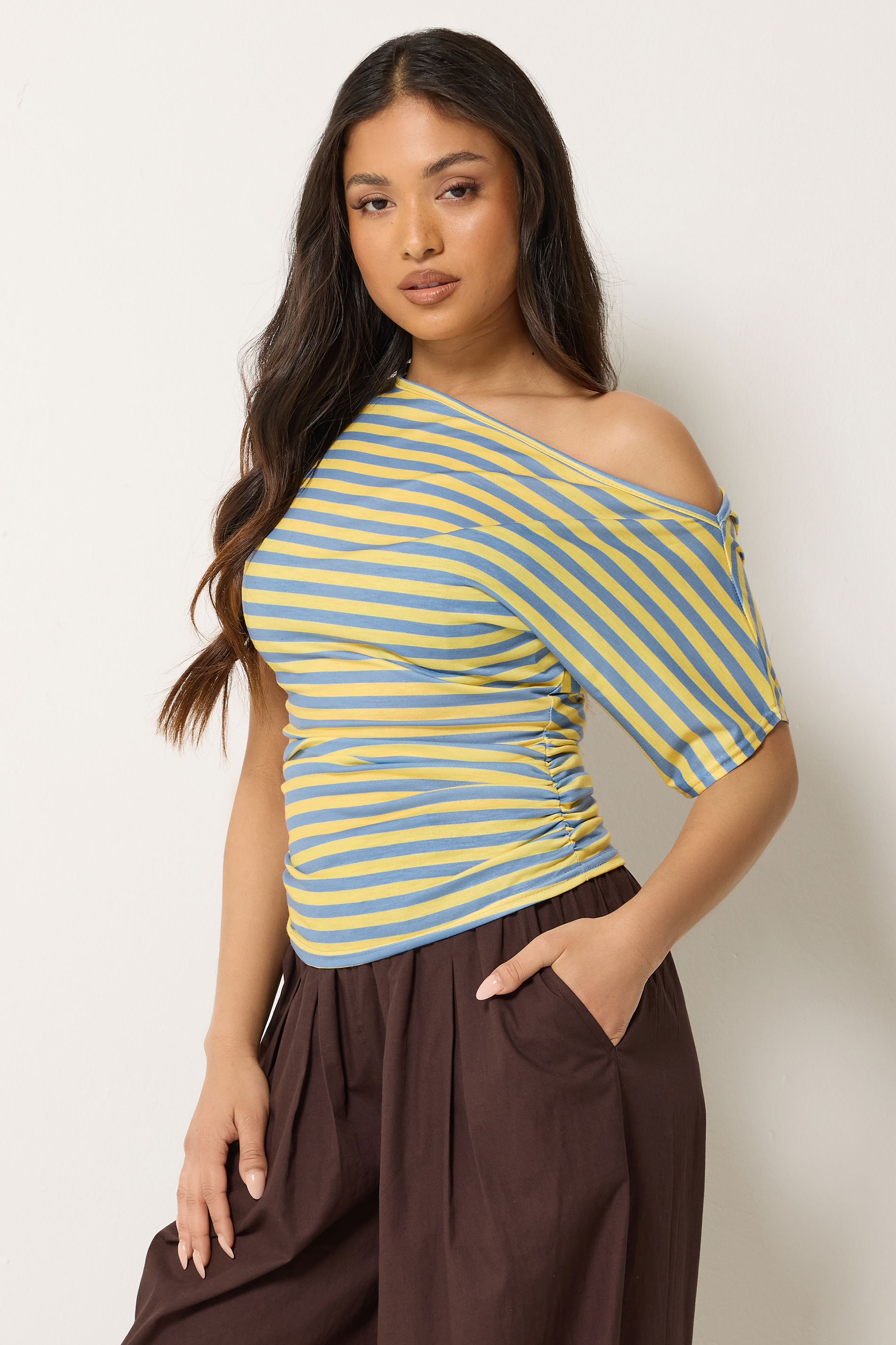 Pixiegirl Women's Blue Petite & Yellow Stripe Slash Neck Ruched Tshirt Size 12