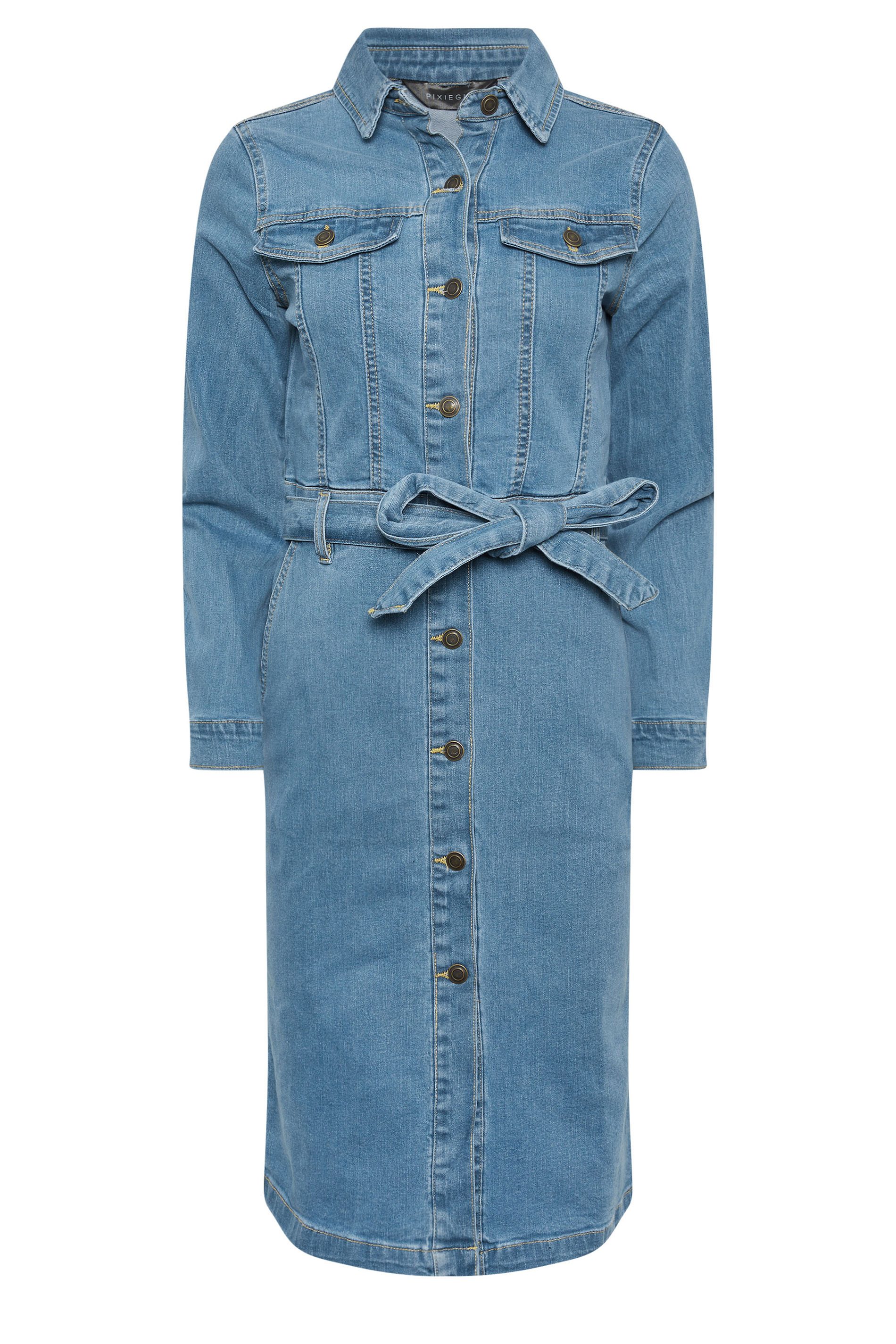 PixieGirl Petite Womens Mid Blue Denim Tie Waist Midi Dress | PixieGirl  6