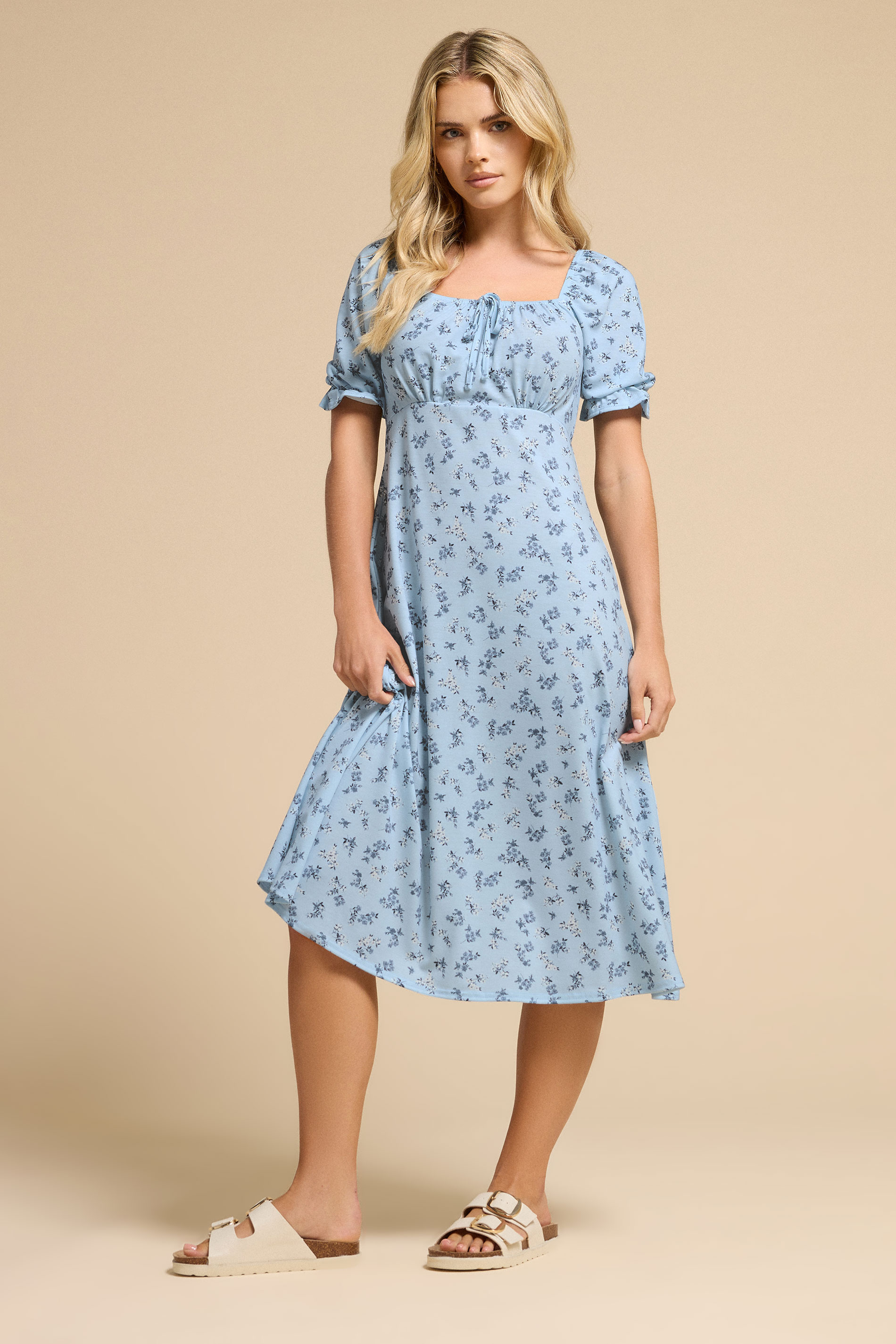 PixieGirl Petite Women's Blue Ditsy Floral Tie Front Midi Dress | PixieGirl 1