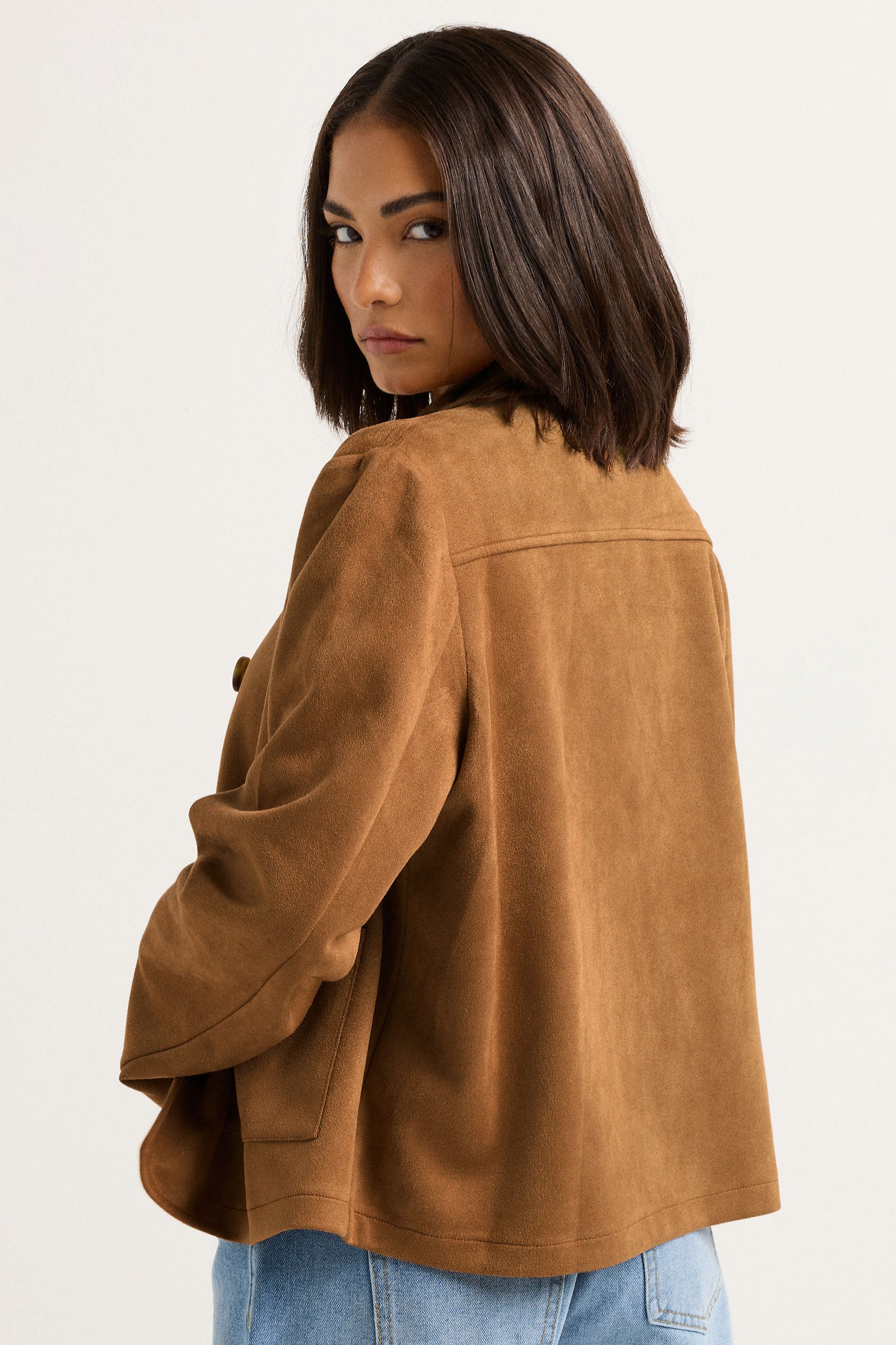 PixieGirl Petite Women's Camel Brown Suedette Patch Pocket Jacket | PixieGirl 4