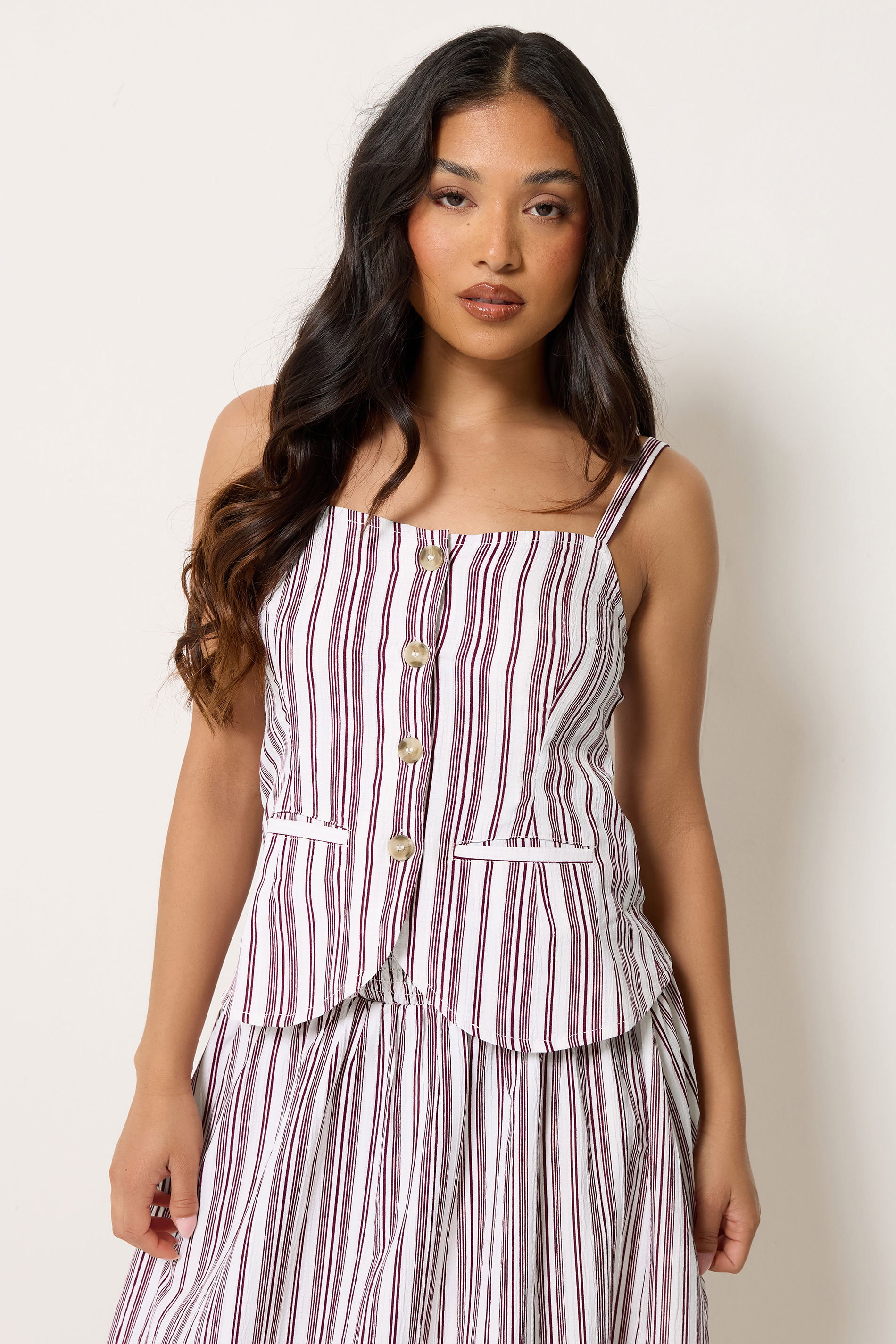 PixieGirl Petite Women's Burgundy Red Stripe Button Cami Top | PixieGirl  3
