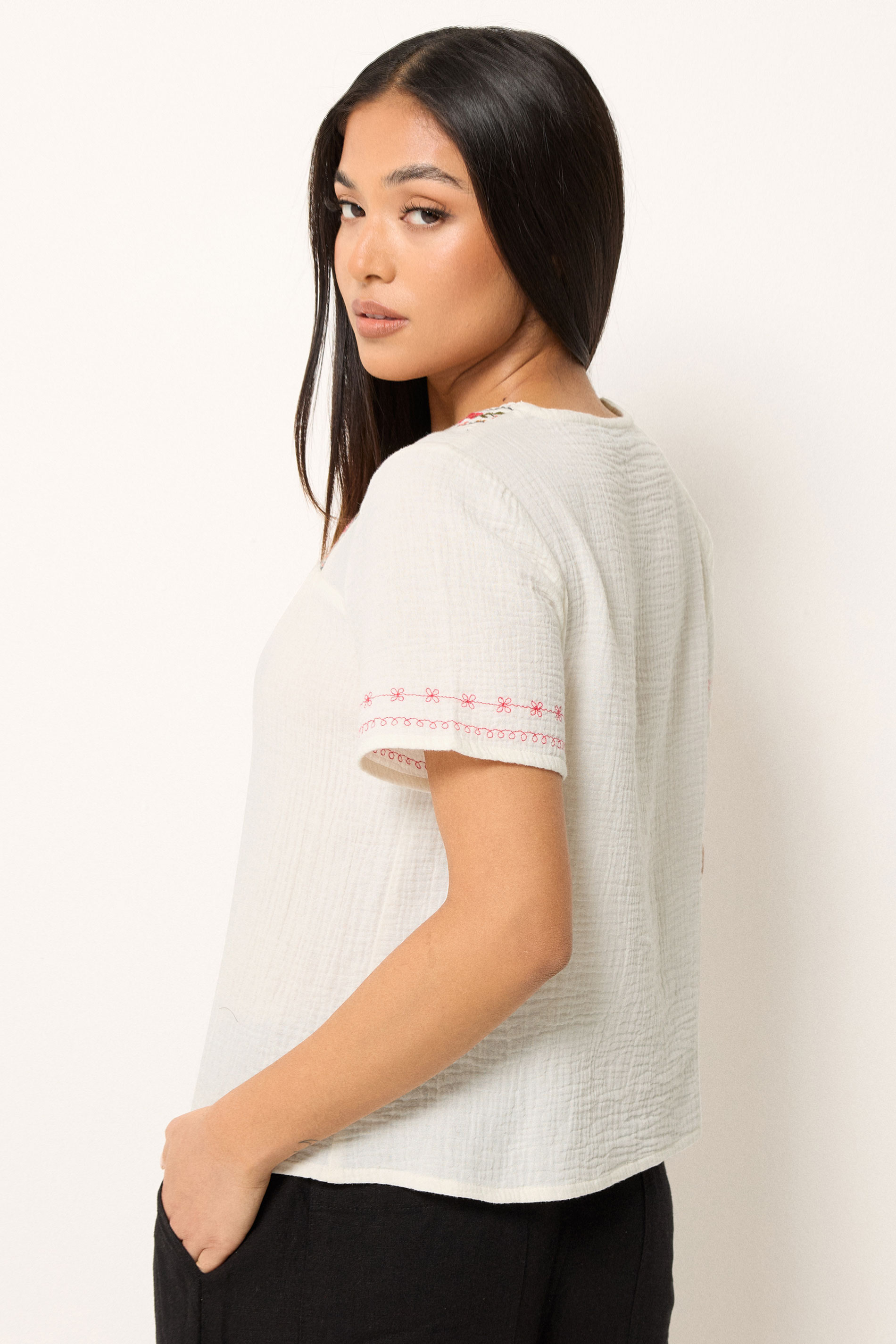 M&Co Petite White Floral Embroidered Cotton Square Neck Blouse | M&Co 2
