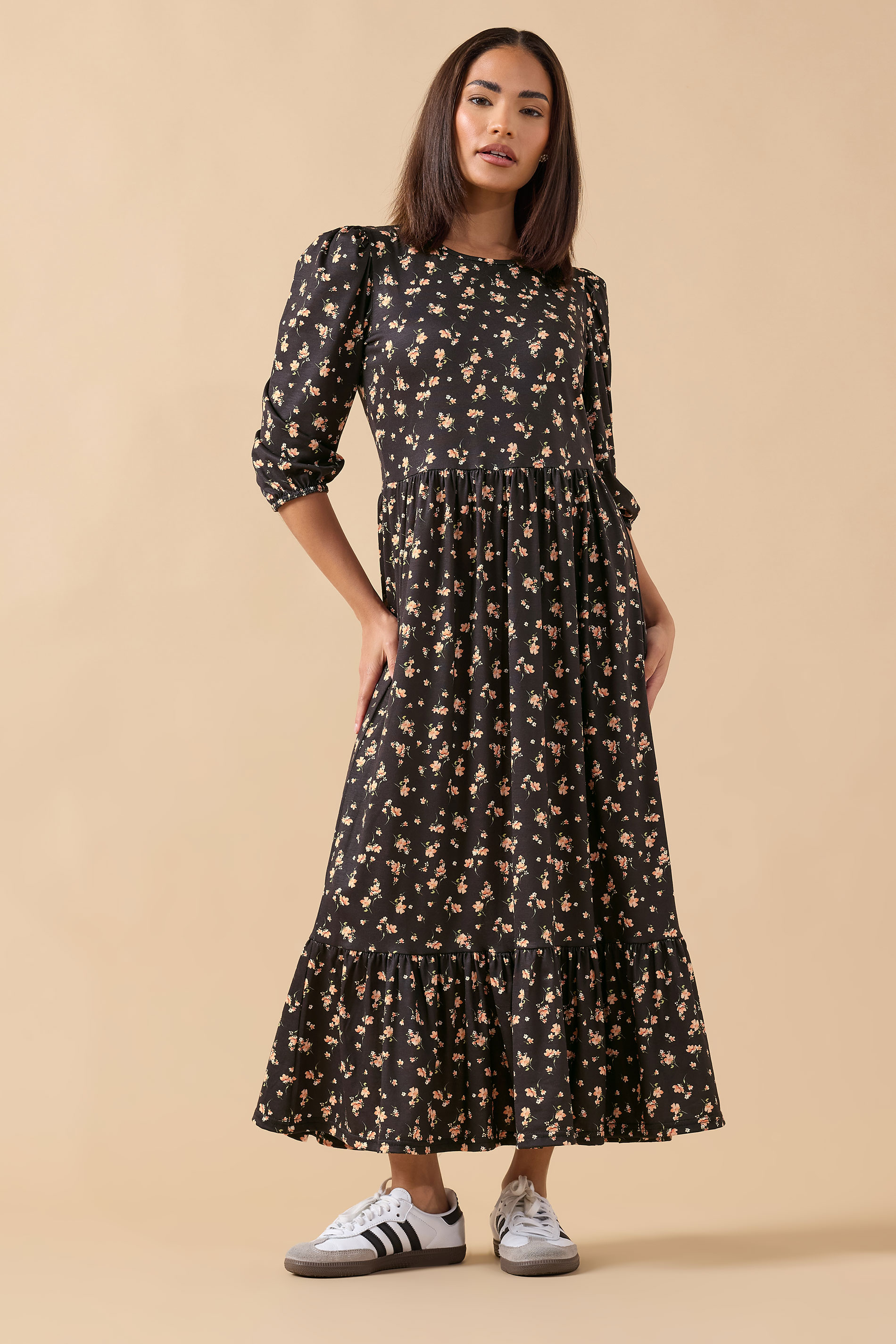 PixieGirl Petite Women's Black Ditsy Tiered Hemline Dress | PixieGirl 1