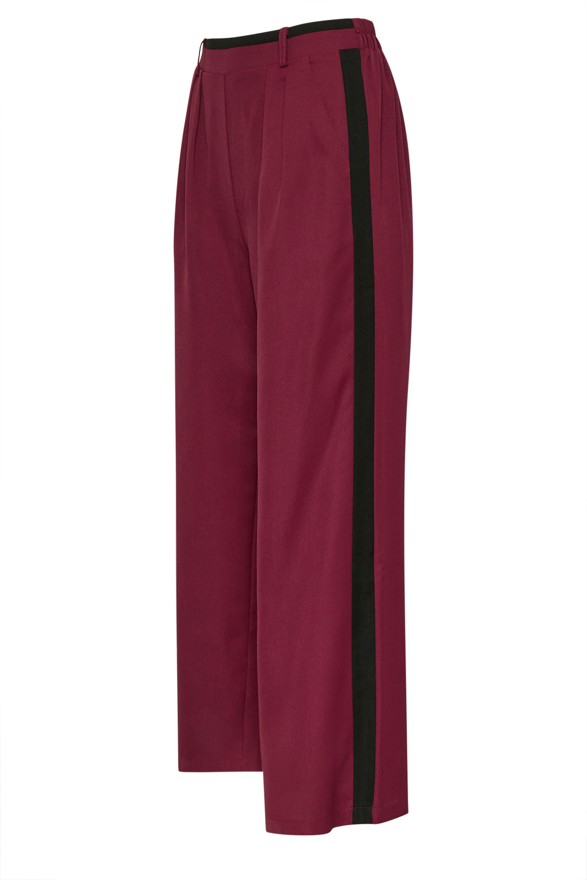 PixieGirl Petite Women's Burgundy Red Side Stripe Contrast Waist Wide Leg Trousers | PixieGirl 7
