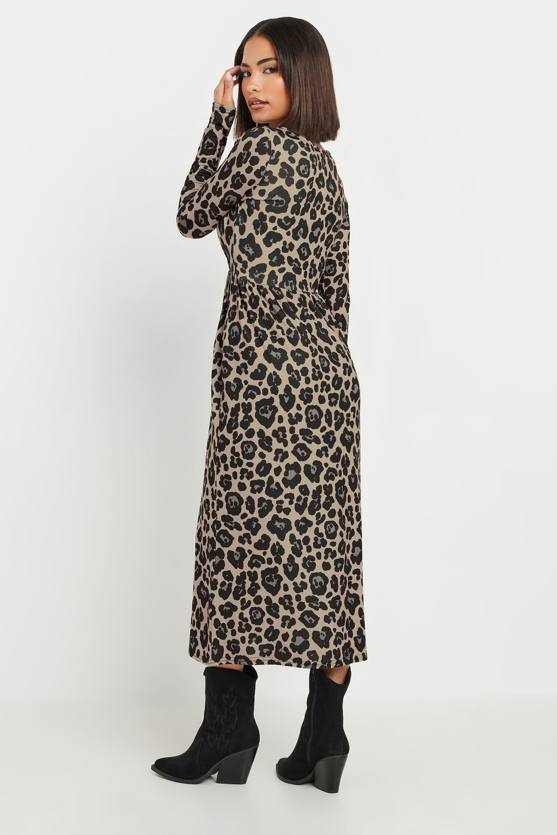 PixieGirl Petite Women's Brown Leopard Print Midi Tea Dress | PixieGirl 3