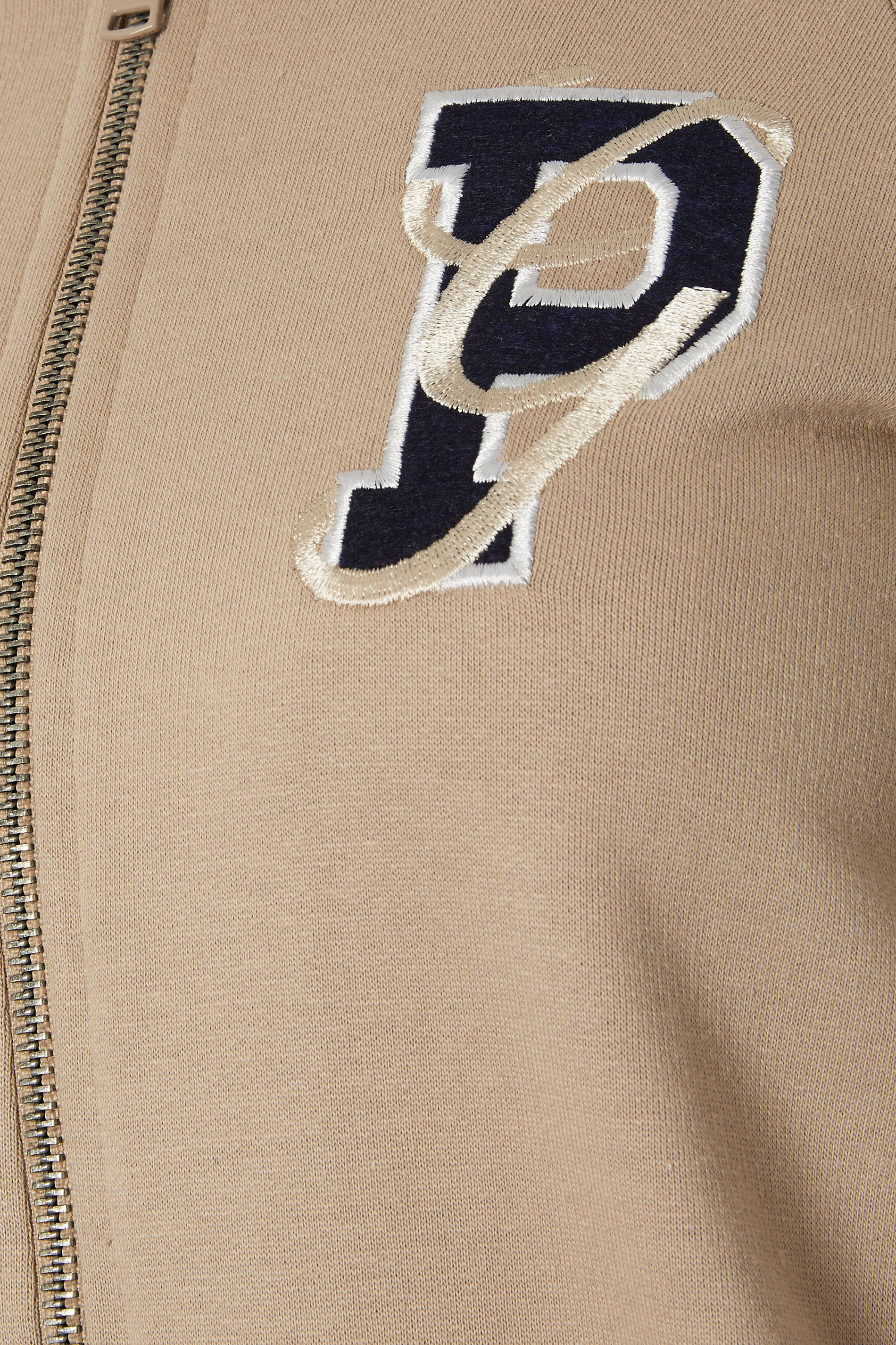 PixieGirl Petite Women's Stone Brown Embroidered Initial Jersey Bomber Jacket | PixieGirl 5