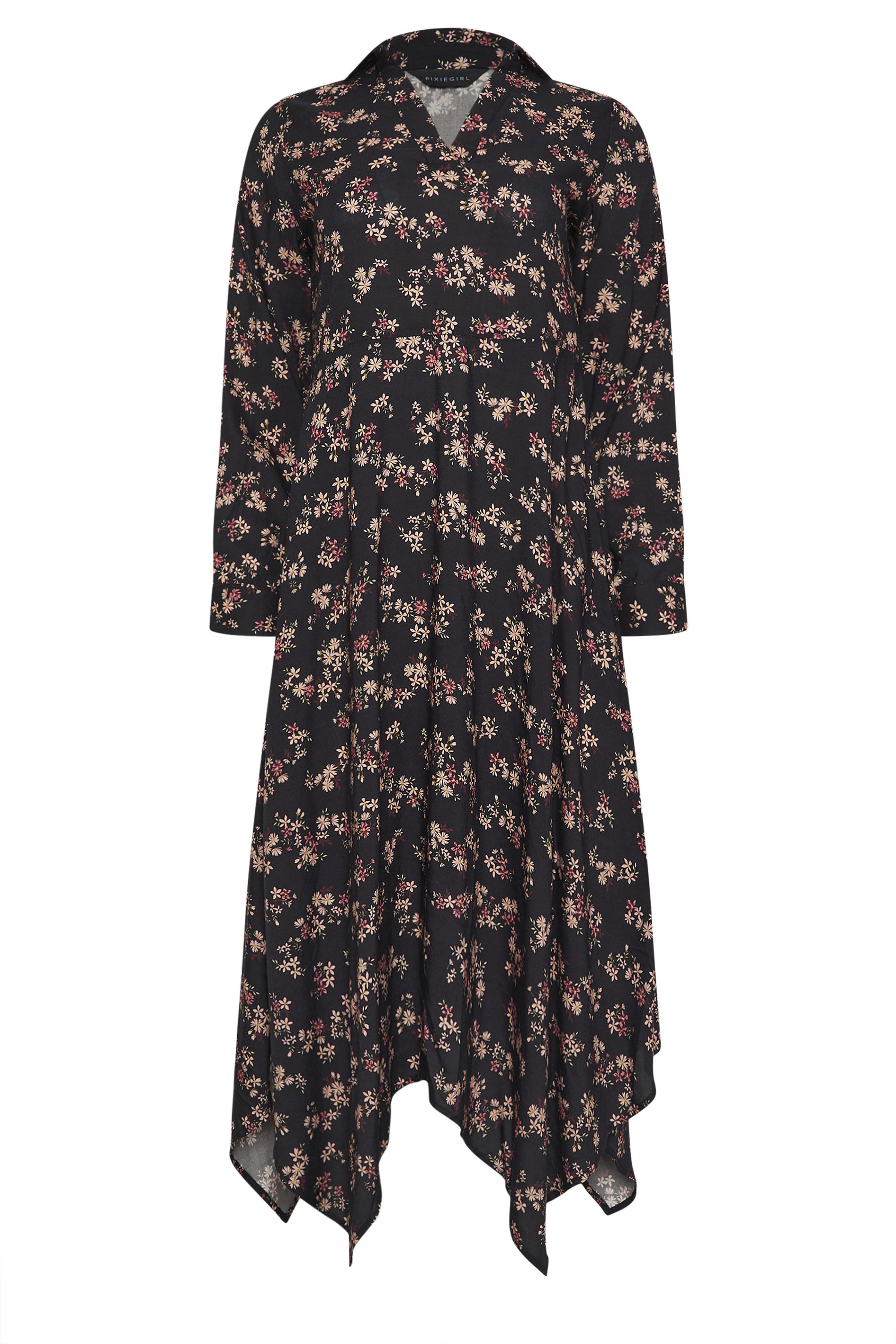PixieGirl Petite Women's Black Ditsy Floral Hanky Hem Midaxi Dress | PixieGirl 5