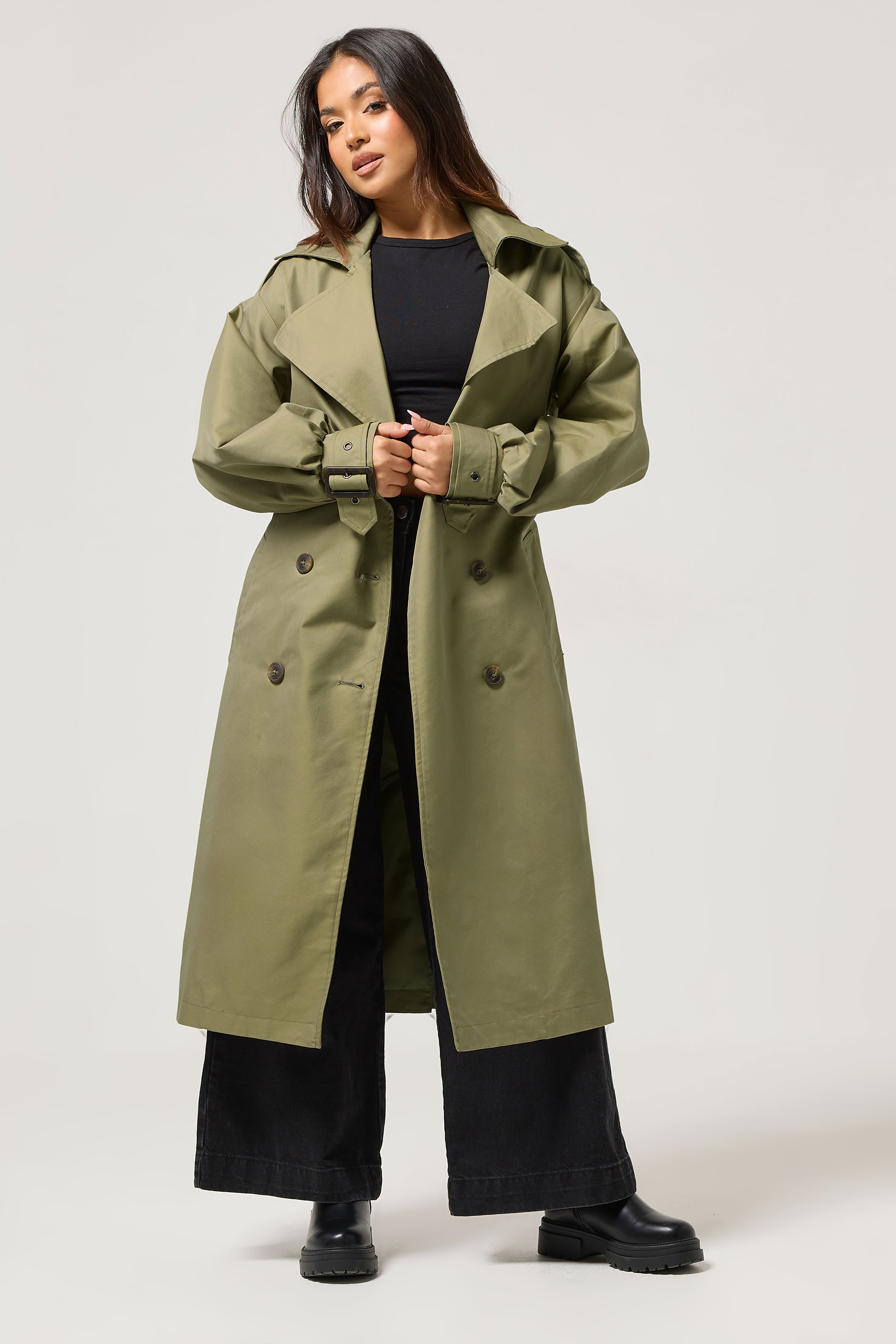 PixieGirl Petite Women's Sage Green Balloon Sleeve Buckle Trench Coat | PixieGirl 1