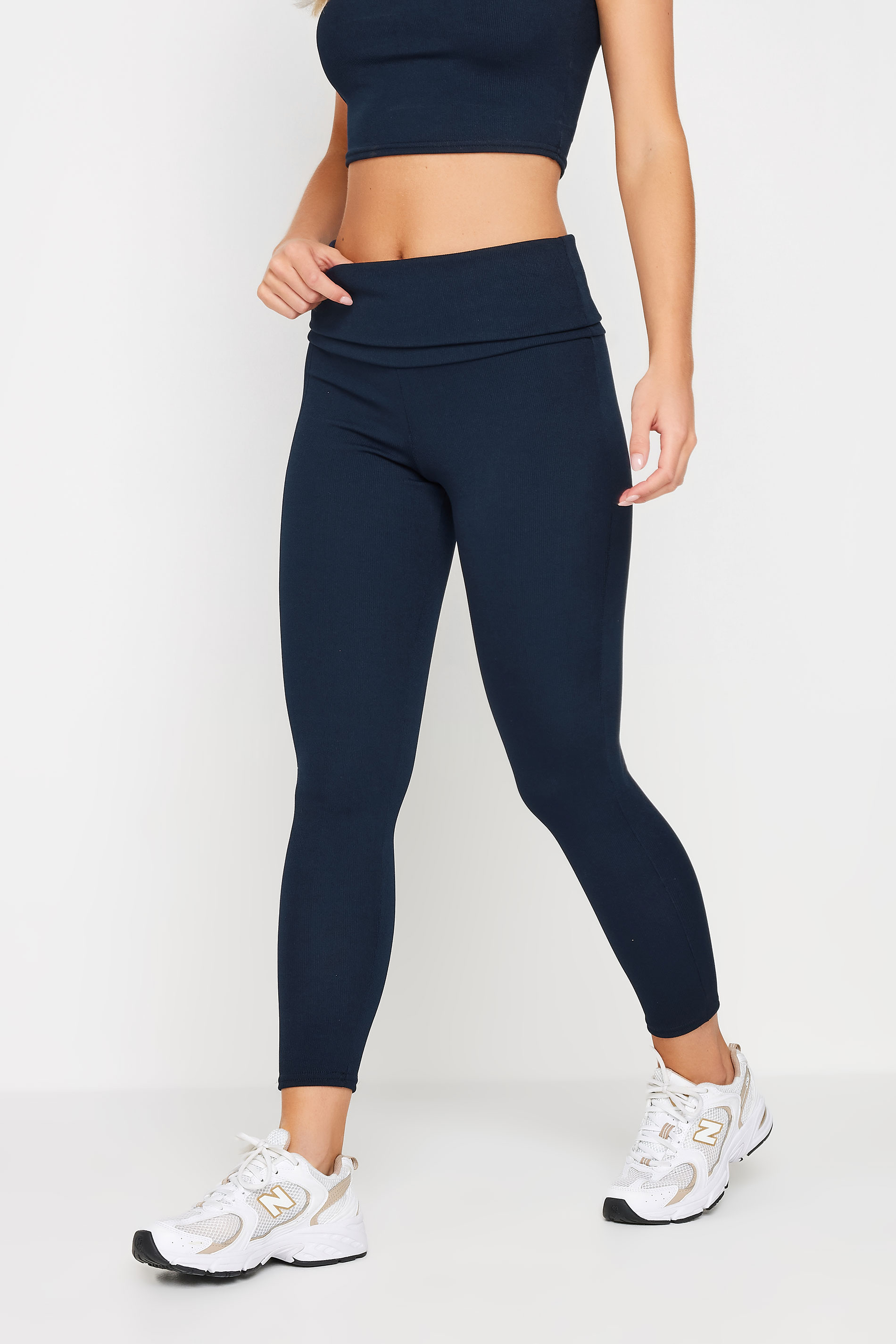 Petite Navy Blue Fold Over Waistband Leggings | PixieGirl 3