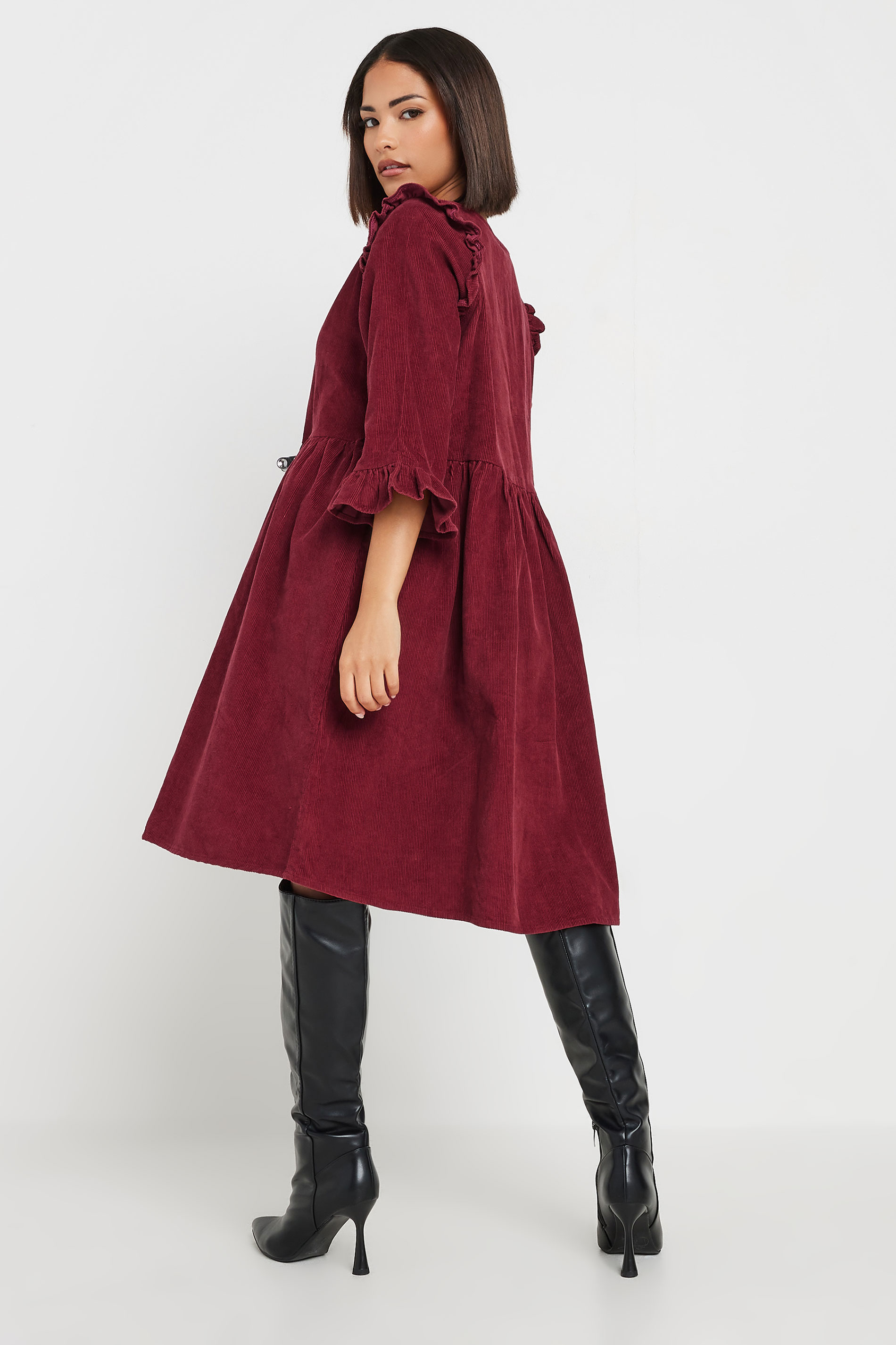 PixieGirl Petite Women's Burgundy Red Cord Detail Frill Smock Dress | PixieGirl 3